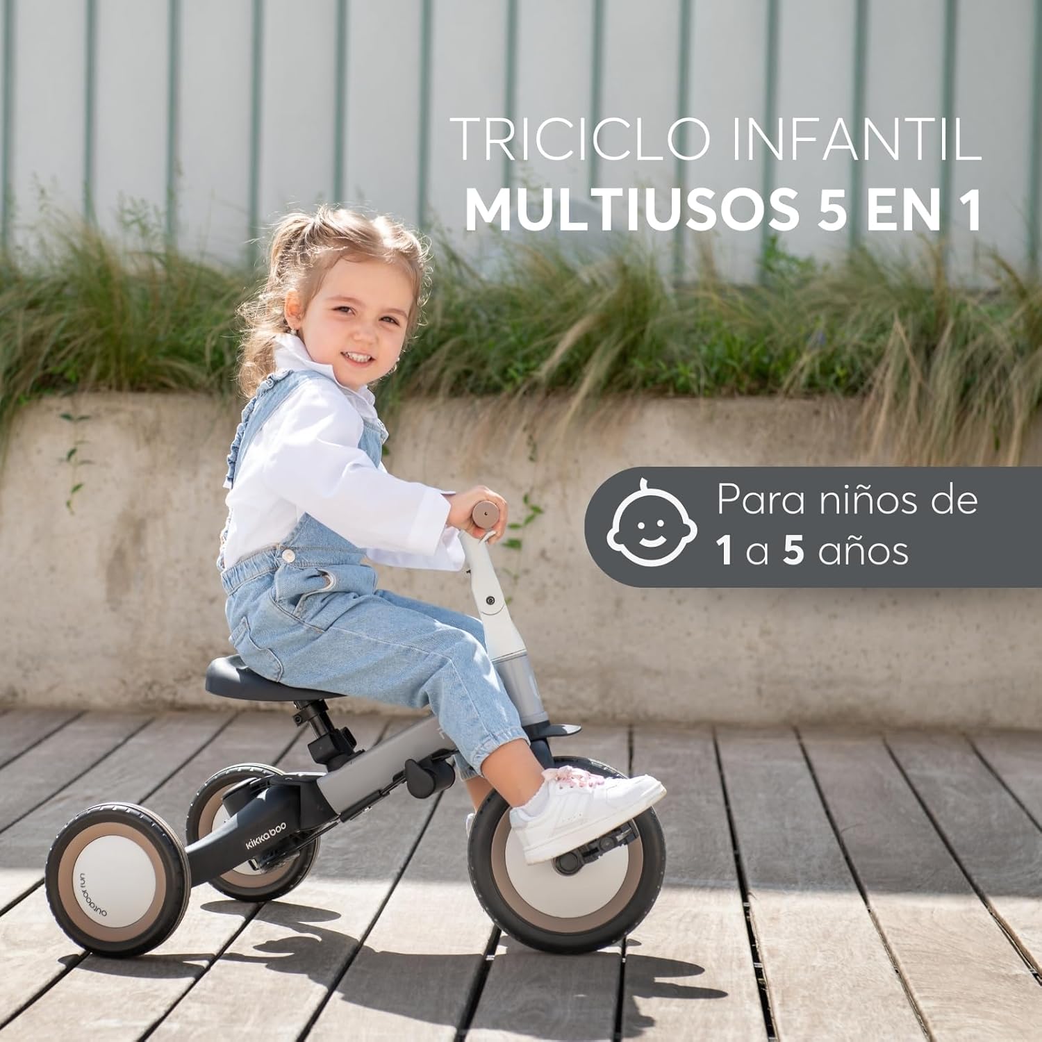 KikkaBoo FLIP, Triciclo Evolutivo 5 en 1 para Bebés, Bicicleta con o sin Pedales, Ajustable y Transformable, Beige, de 1 a 5 Años