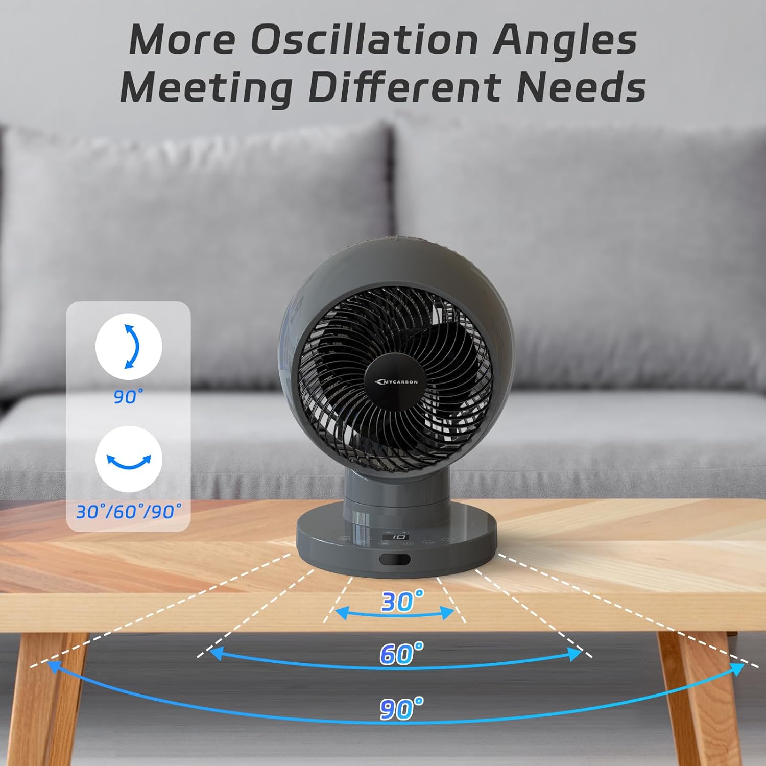 MYCARBON Ventilador de Mesa Turbo Silencioso 20dB, Motor DC Potente, Oscilación de 30°-60°-90°, 11 Velocidades, Temporizador 12h y Encendido Programado, con Control Remoto