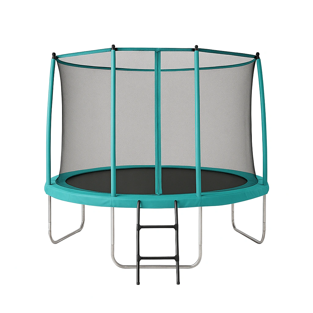 Trampolín de jardín redondo de acero color verde azulado con red de seguridad y escalera 3 x 3 x 2,6 m