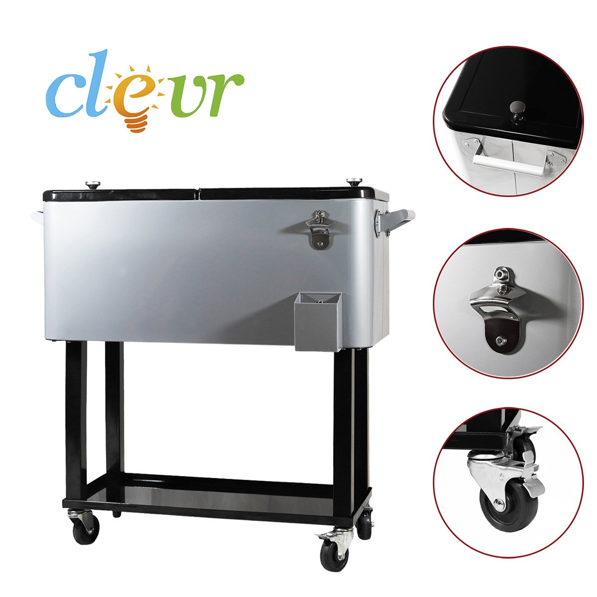 2025 Enfriador Rodante de 80 Quartos para Patio al Aire Libre y Fiesta, Gris, Carro de Bebidas Frías Portátil con Estante, Soporte y Abrelatas