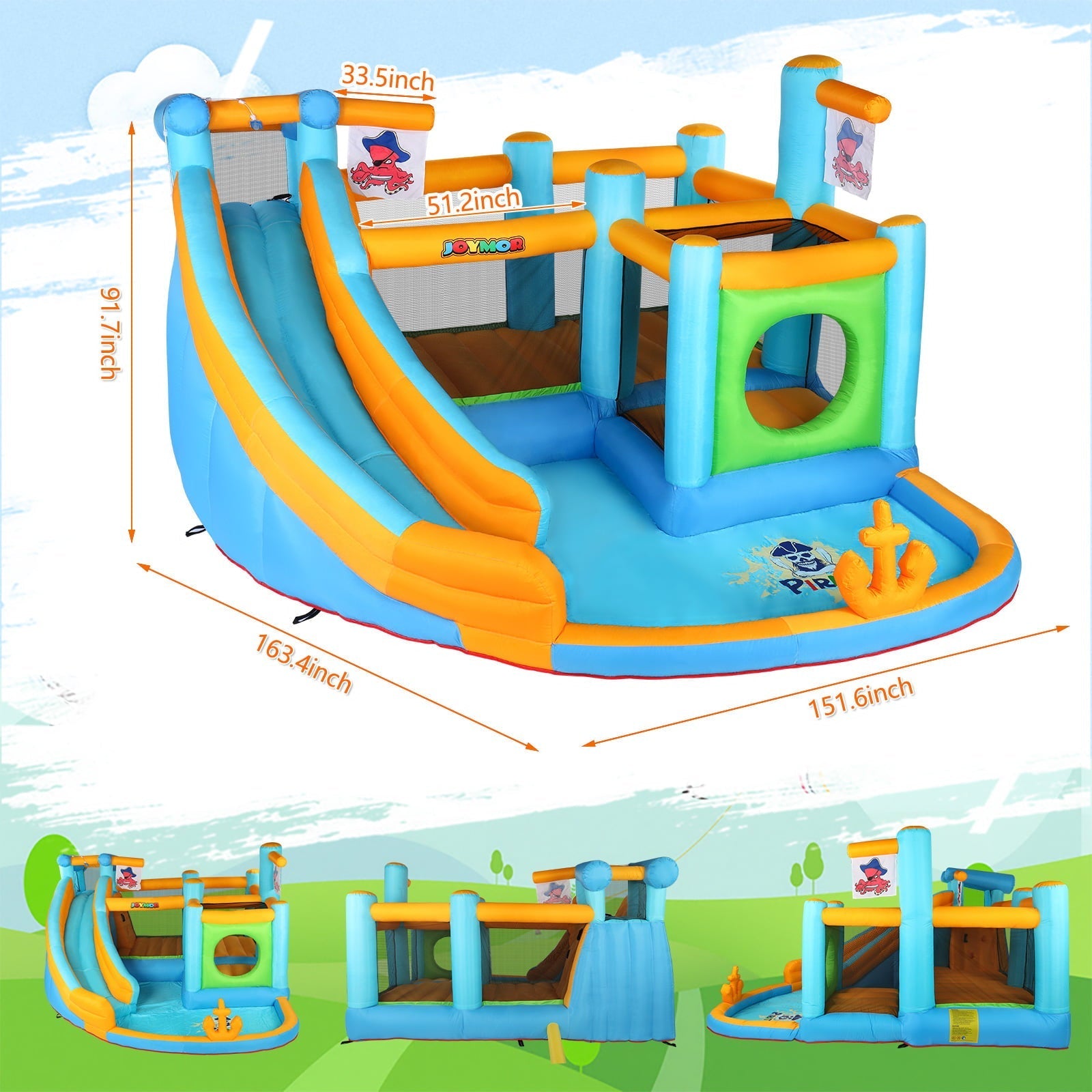 2025 Parque Inflable Acuático JOYMOR con Tema Pirata – Castillos Hinchables con Cañón de Agua, Piscina Splash y Resbaladilla para Niños