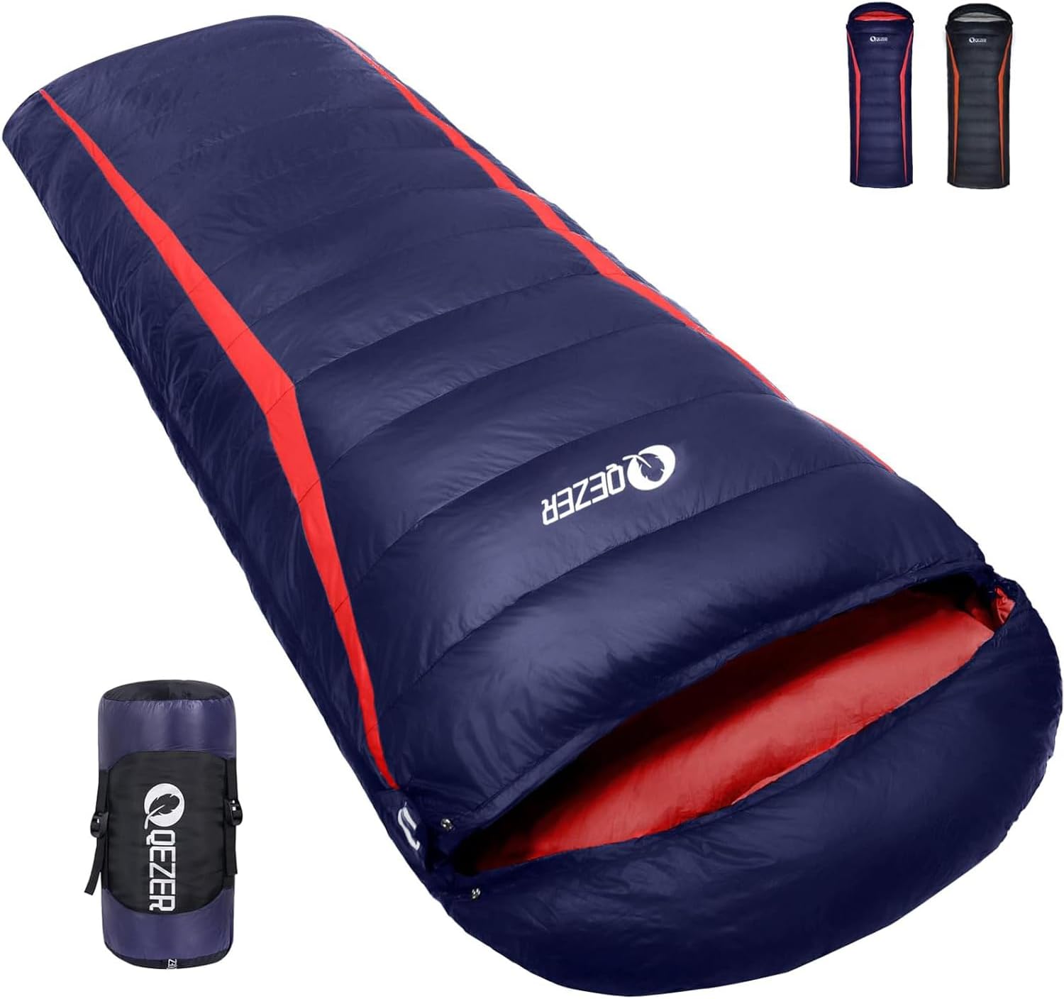 QEZER Saco de Dormir Plumón 220 cm x 80 cm 8 ~ -3 ℃ Saco de Dormir 4 Estaciones Ultraligero Adultos y Niños,Sleeping Bag para Camping y Senderismo