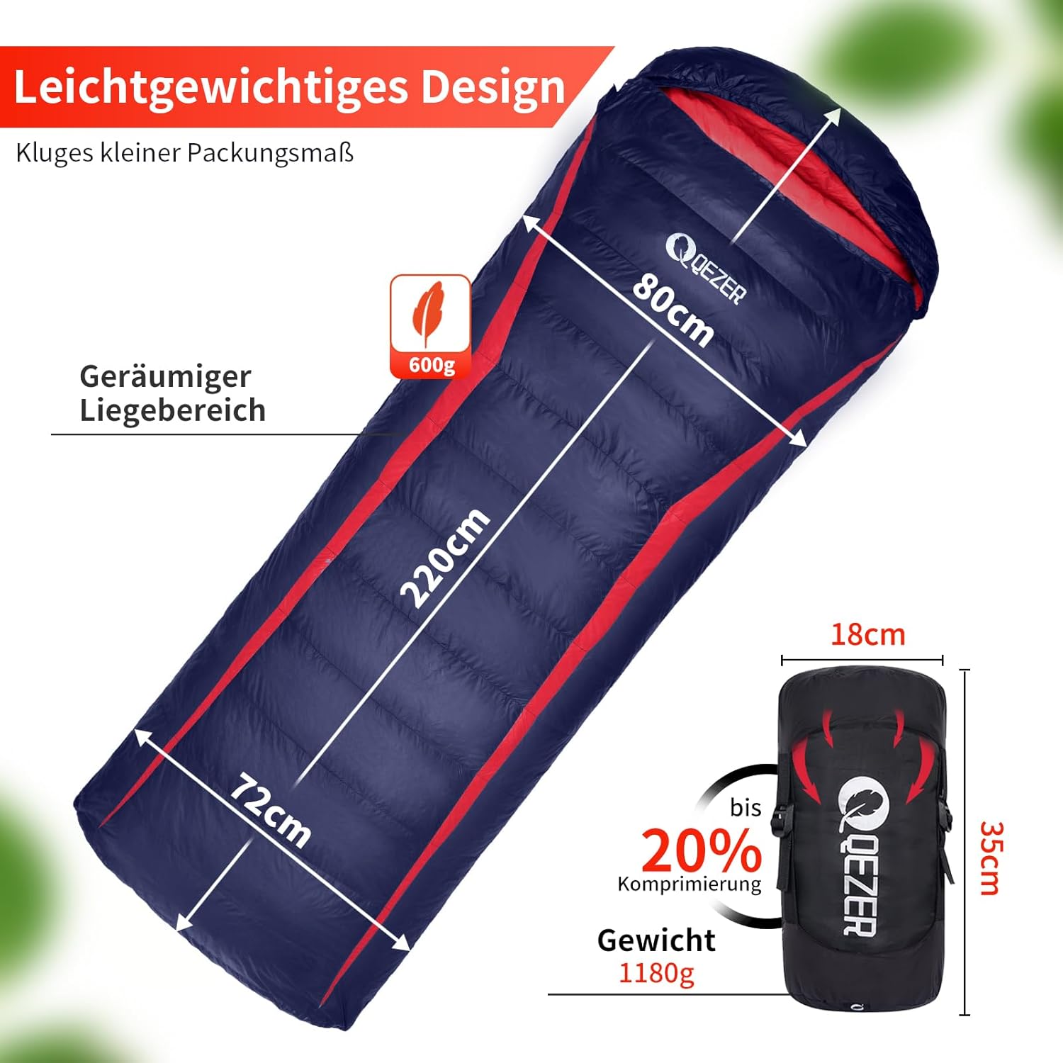 QEZER Saco de Dormir Plumón 220 cm x 80 cm 8 ~ -3 ℃ Saco de Dormir 4 Estaciones Ultraligero Adultos y Niños,Sleeping Bag para Camping y Senderismo