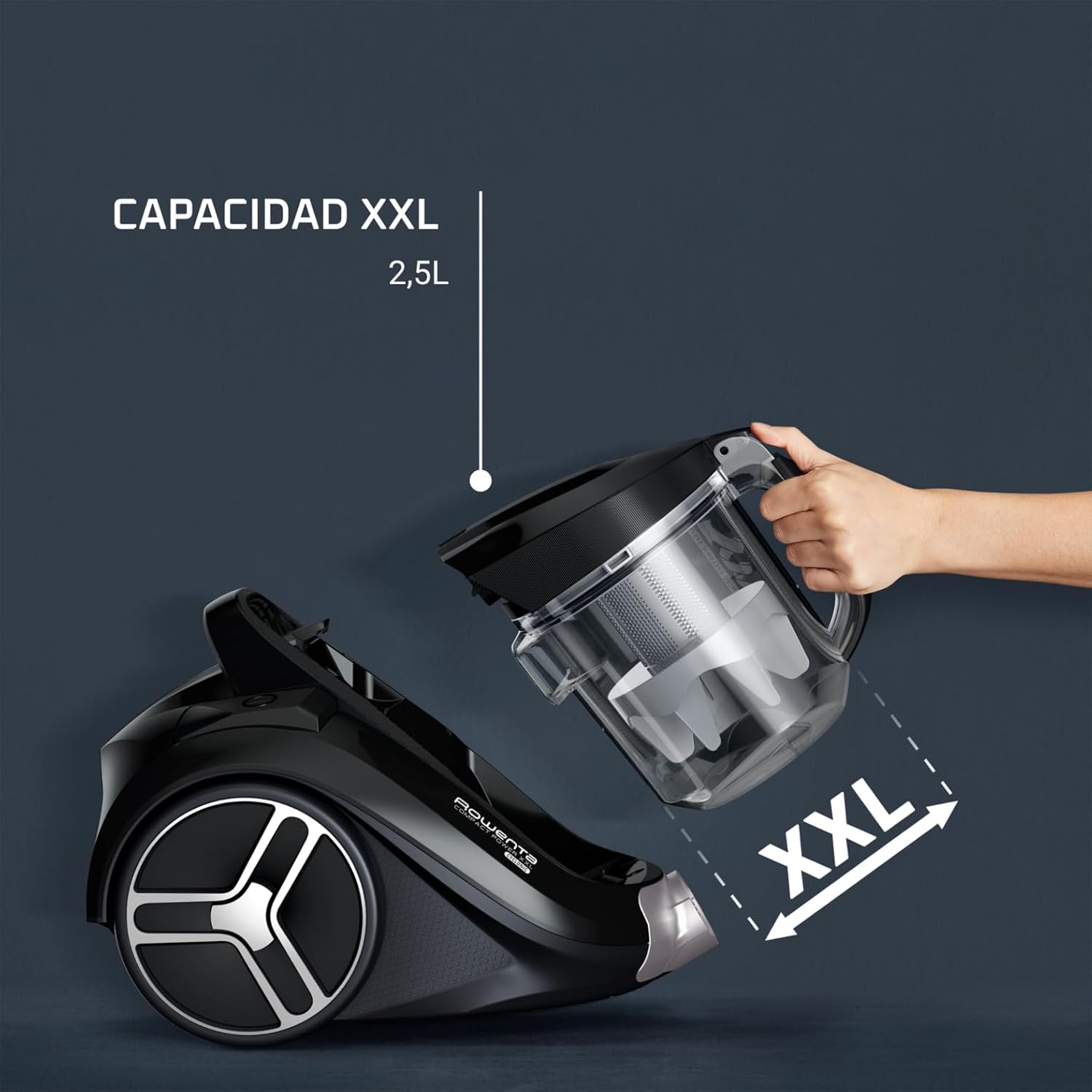 Rowenta Compact Power XXL Aspiradora sin Bolsa, Motor Eficiente Energéticamente de 900W, Filtración Ciclónica Avanzada, Depósito Extra Grande de 2.5L, Compacta, Kit Clásico, Modelo RO4B23