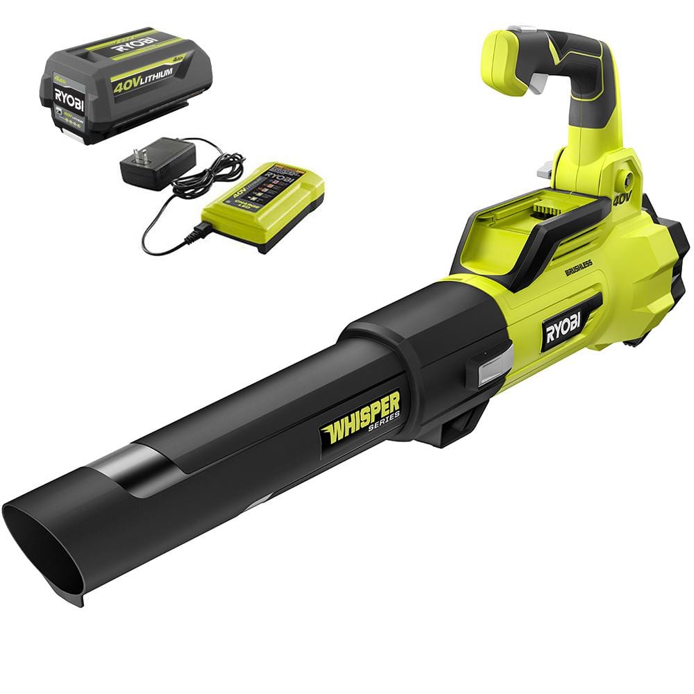 2025 Soplador de Mano RYOBI 40V Brushless 125 MPH 550 CFM de la Serie Whisper con Batería de 4.0 Ah y Cargador RY40470