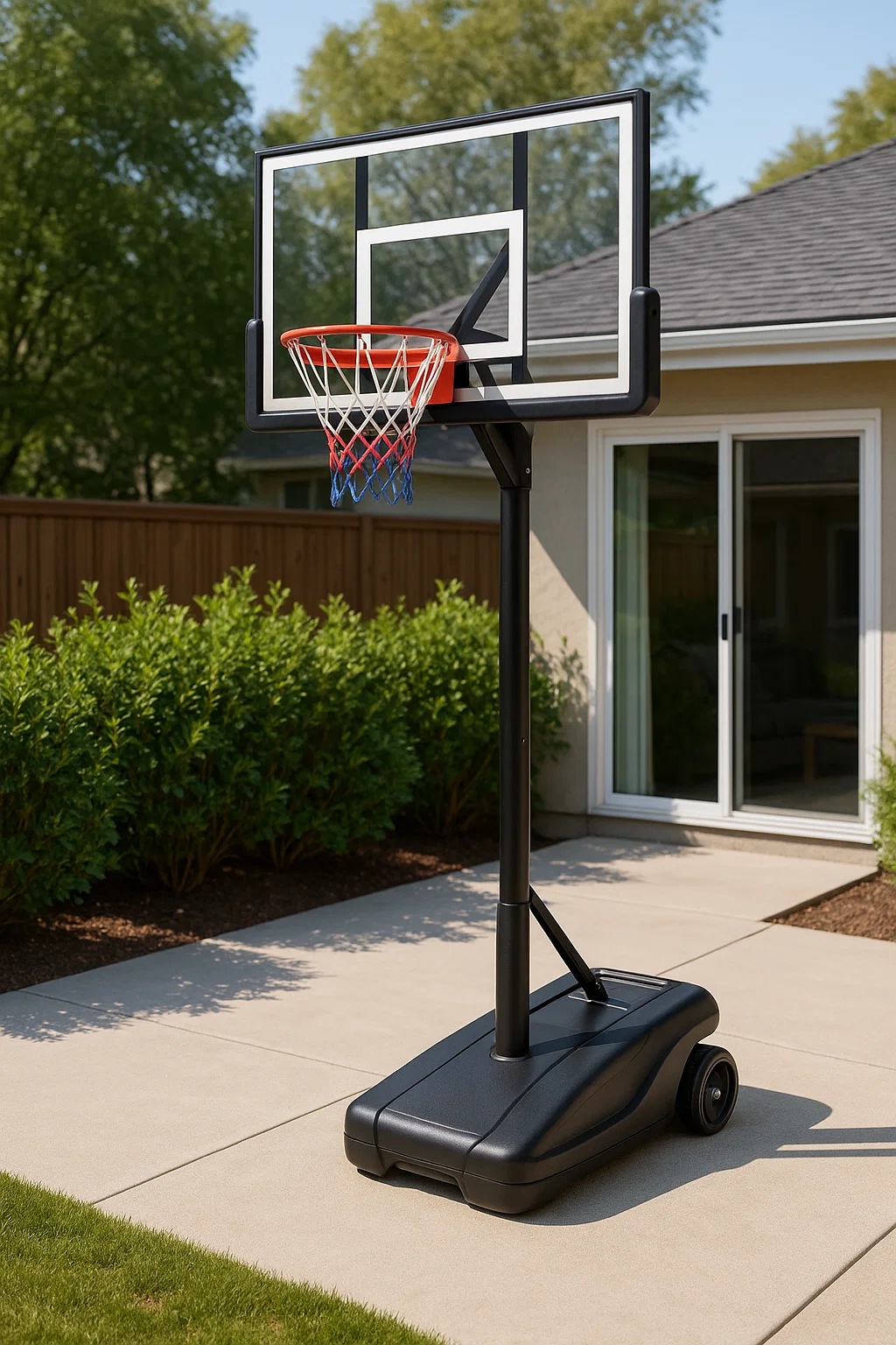 Canasta de baloncesto con base móvil negra de acero y polietileno para exterior 110x70x305 cm SRzpajRN98Nj