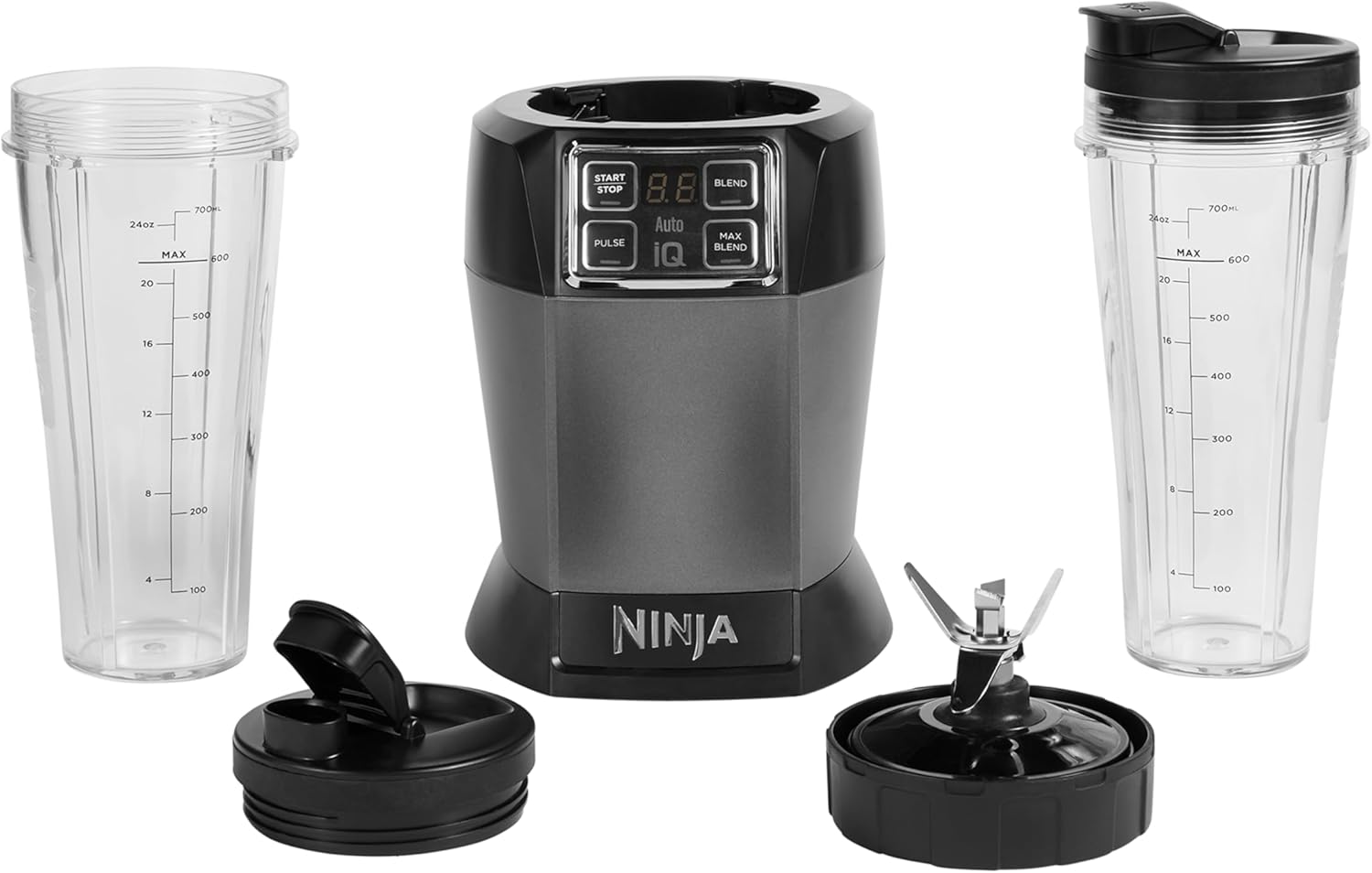 Ninja BN750EU Licuadora 2-en-1 – 1200 W, 3 Programas Automáticos, 4 Configuraciones Manuales, Tecnología Auto-iQ, Jarra de 2.1 L y Vaso de 700 ml, Piezas Aptas para Lavavajillas – Negro/Plata