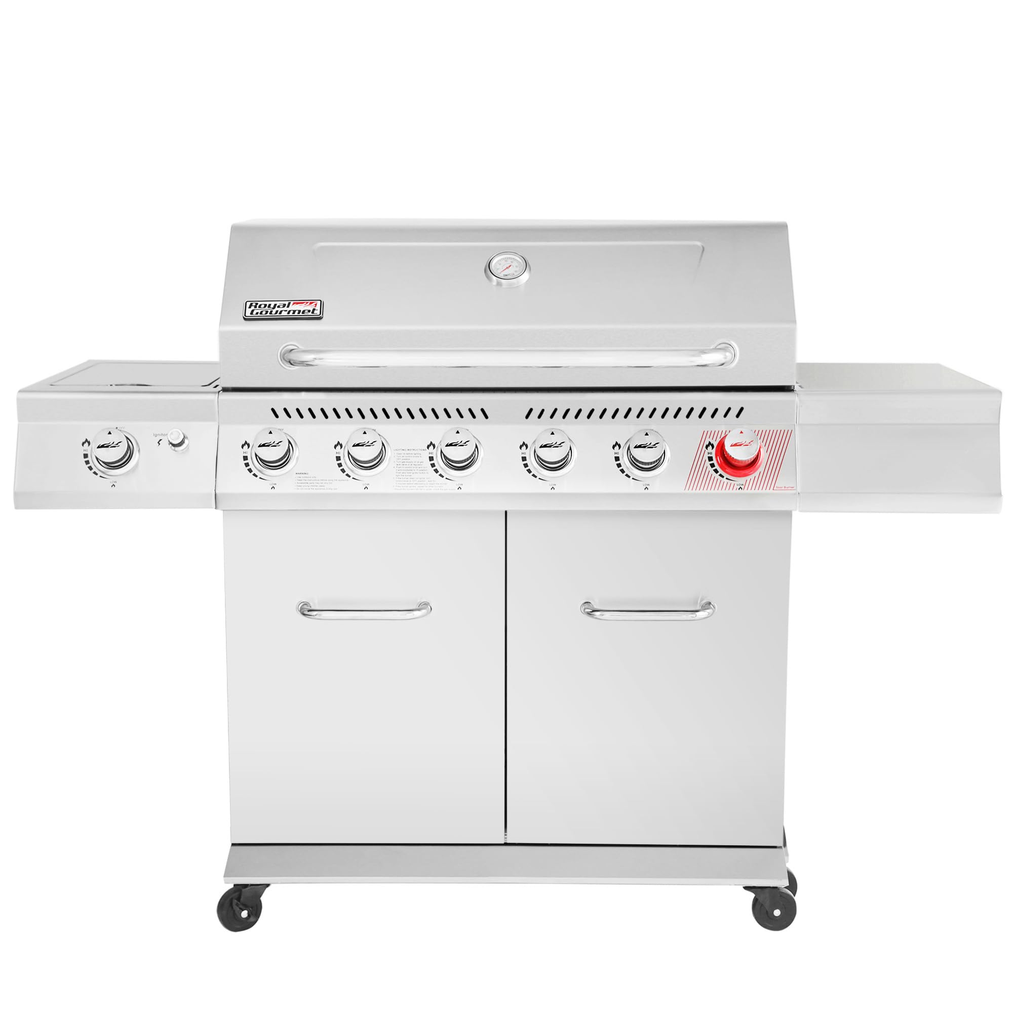 2025 Parrilla a Gas Royal Gourmet GA6402S de Acero Inoxidable, Parrilla Propana Premier de 6 Quemadores con Quemador para Sellar y Quemador Lateral, 74,000 BTU, Estilo Gabinete, Parrilla para BBQ al Aire Libre, Plata