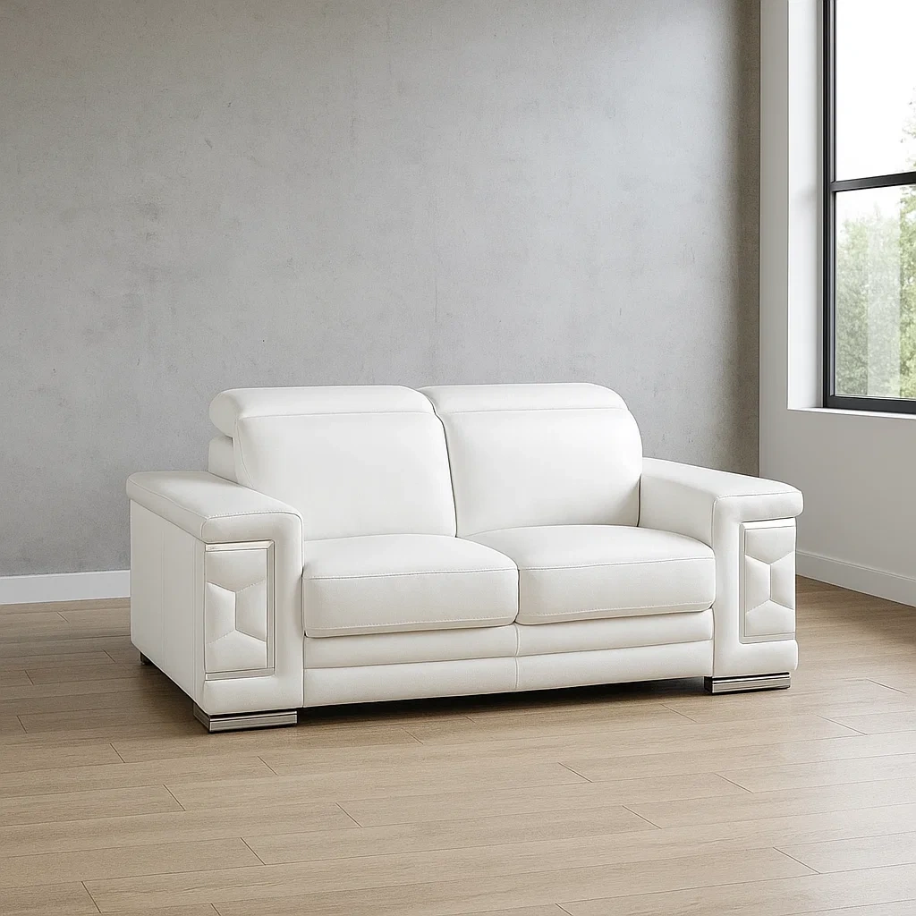 Sofá de 2 plazas,blanco,cuero y madera,apto para sala de estar,180x104x74 cm