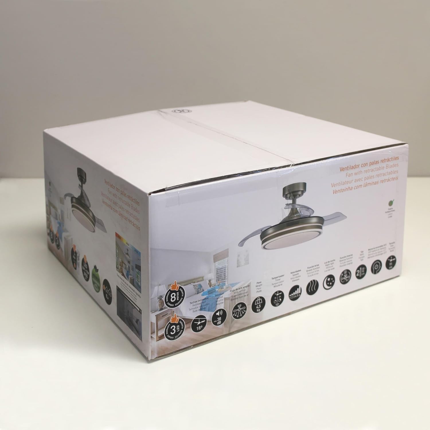 wonderlamp – Ventilador de Techo con Luz LED Pearl Mini, Aspas Retráctiles, Motor DC Muy Silencioso, 3 Temperaturas de Color Regulables, 46W, Blanco