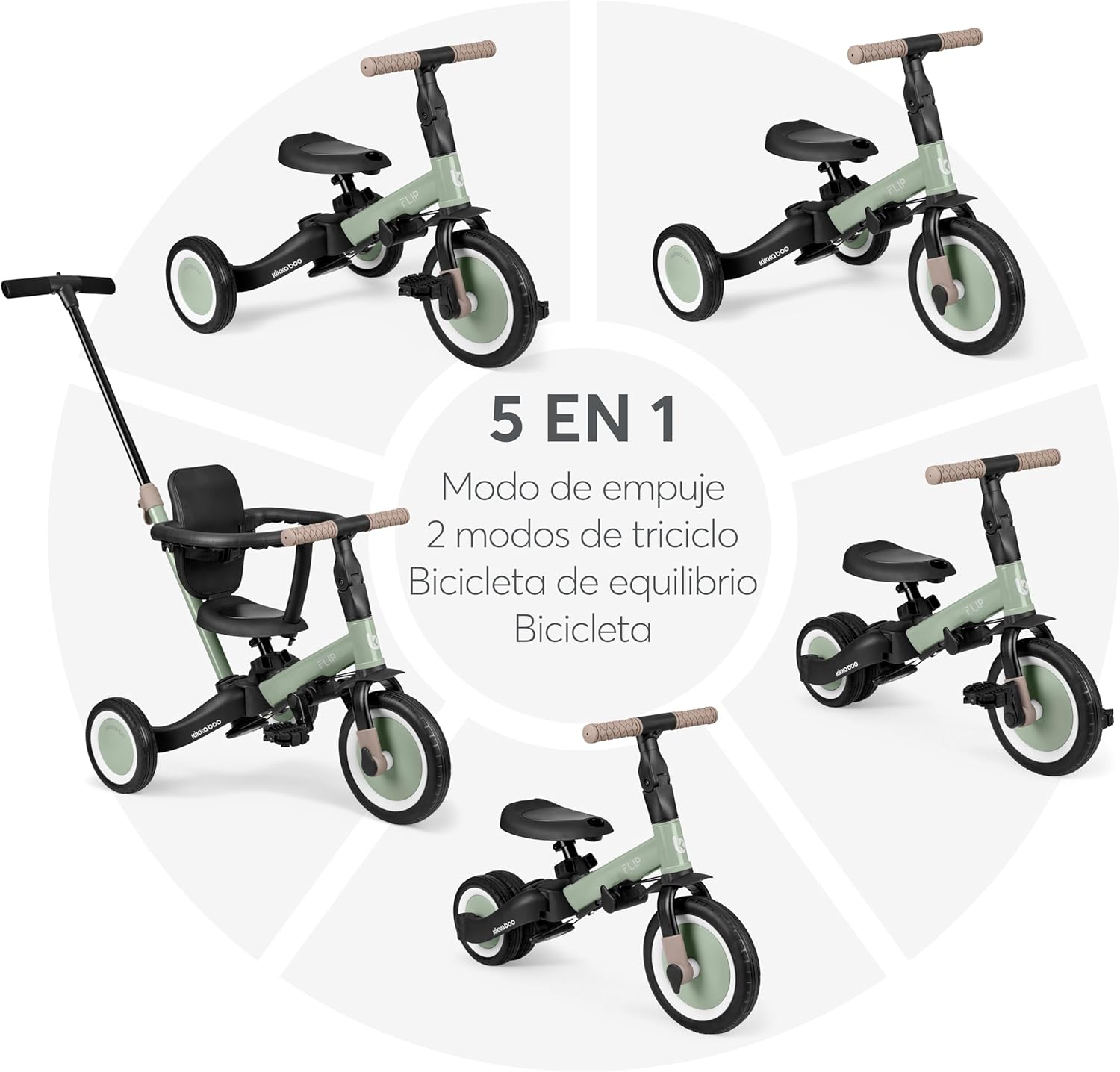 KikkaBoo FLIP, Triciclo Evolutivo 5 en 1 para Bebés, Bicicleta con o sin Pedales, Ajustable y Transformable, Beige, de 1 a 5 Años