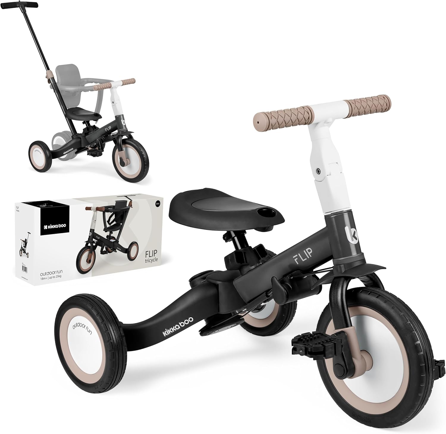 KikkaBoo FLIP, Triciclo Evolutivo 5 en 1 para Bebés, Bicicleta con o sin Pedales, Ajustable y Transformable, Beige, de 1 a 5 Años
