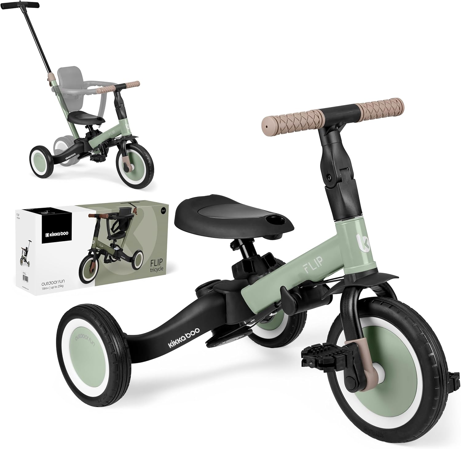 KikkaBoo FLIP, Triciclo Evolutivo 5 en 1 para Bebés, Bicicleta con o sin Pedales, Ajustable y Transformable, Beige, de 1 a 5 Años