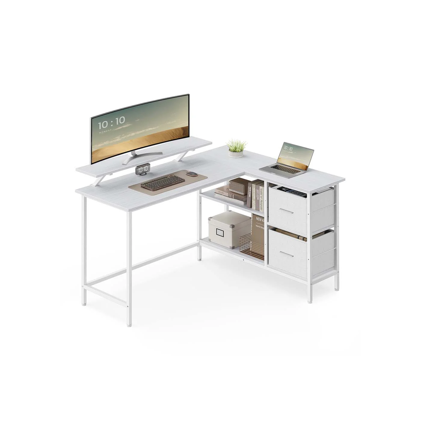 Escritorio en Forma de L con Amplios Cajones con Soporte para Monitor Estante