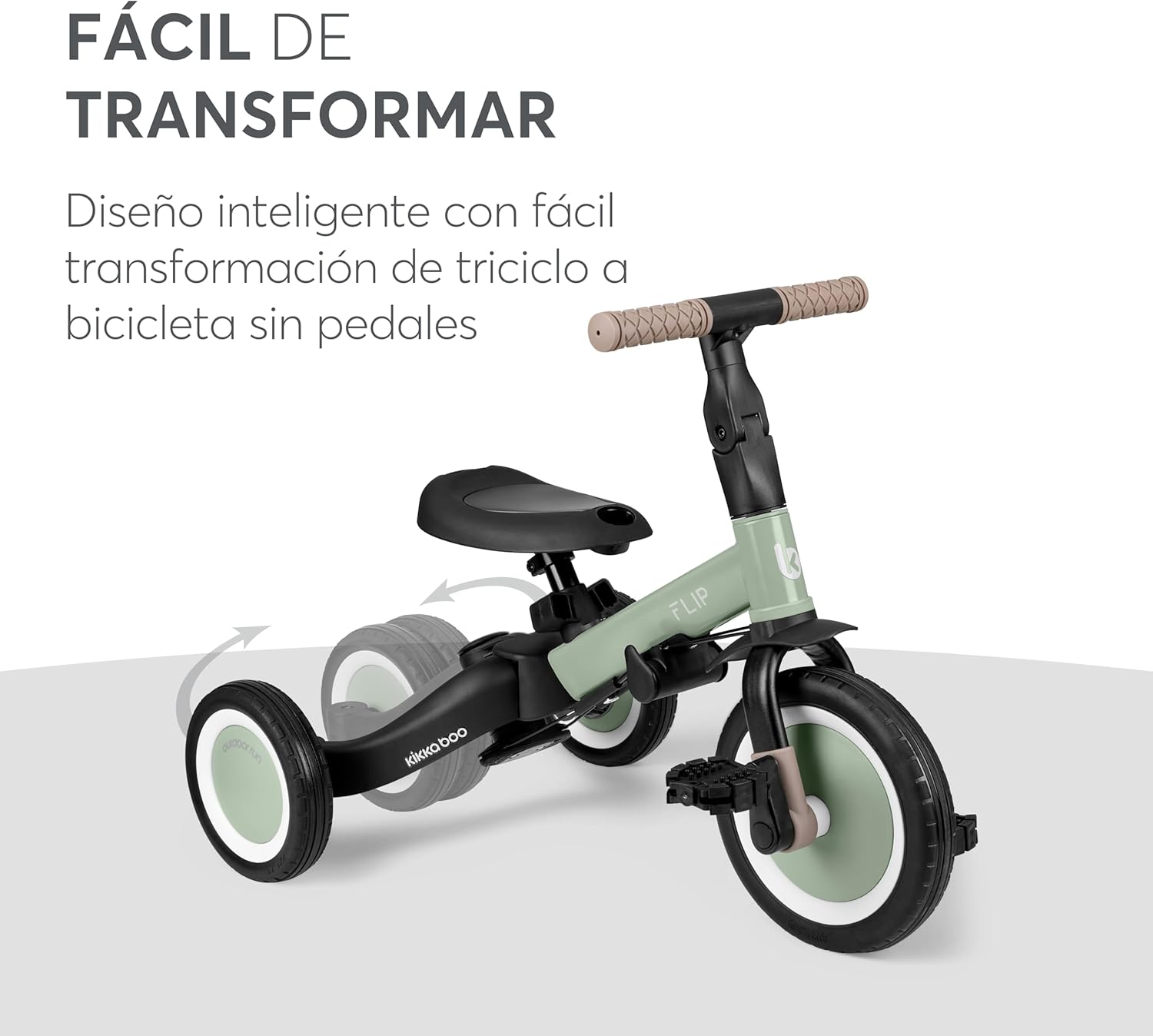 KikkaBoo FLIP, Triciclo Evolutivo 5 en 1 para Bebés, Bicicleta con o sin Pedales, Ajustable y Transformable, Beige, de 1 a 5 Años