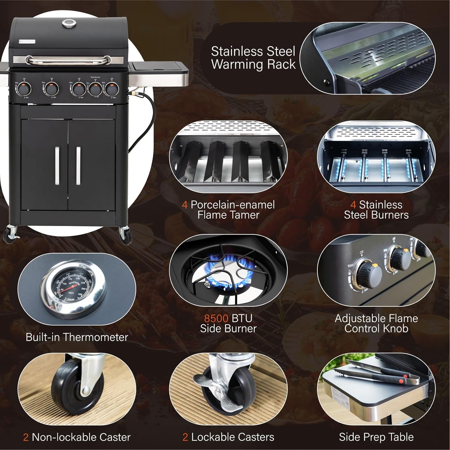 2025 Parrilla a Gas con Quemador Lateral y Parrilla de Hierro Fundido Esmalte Porcelánico 42,000 BTU, Parrilla Portátil de Acero Inoxidable, Propano