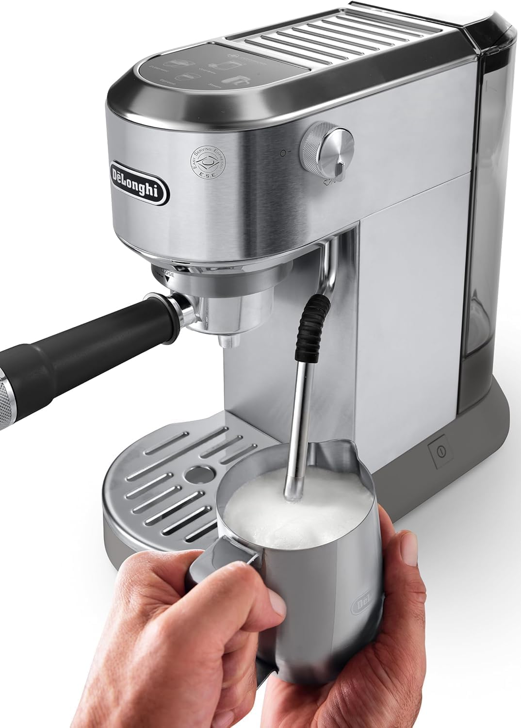 De'Longhi Dedica – Cafetera de Bomba de Acero Inoxidable para Café Molido o Monodosis, Espresso y Capuchino, Depósito de 1.3 Litros, Sistema Antigoteo, Modelo EC685.M, Color Metal