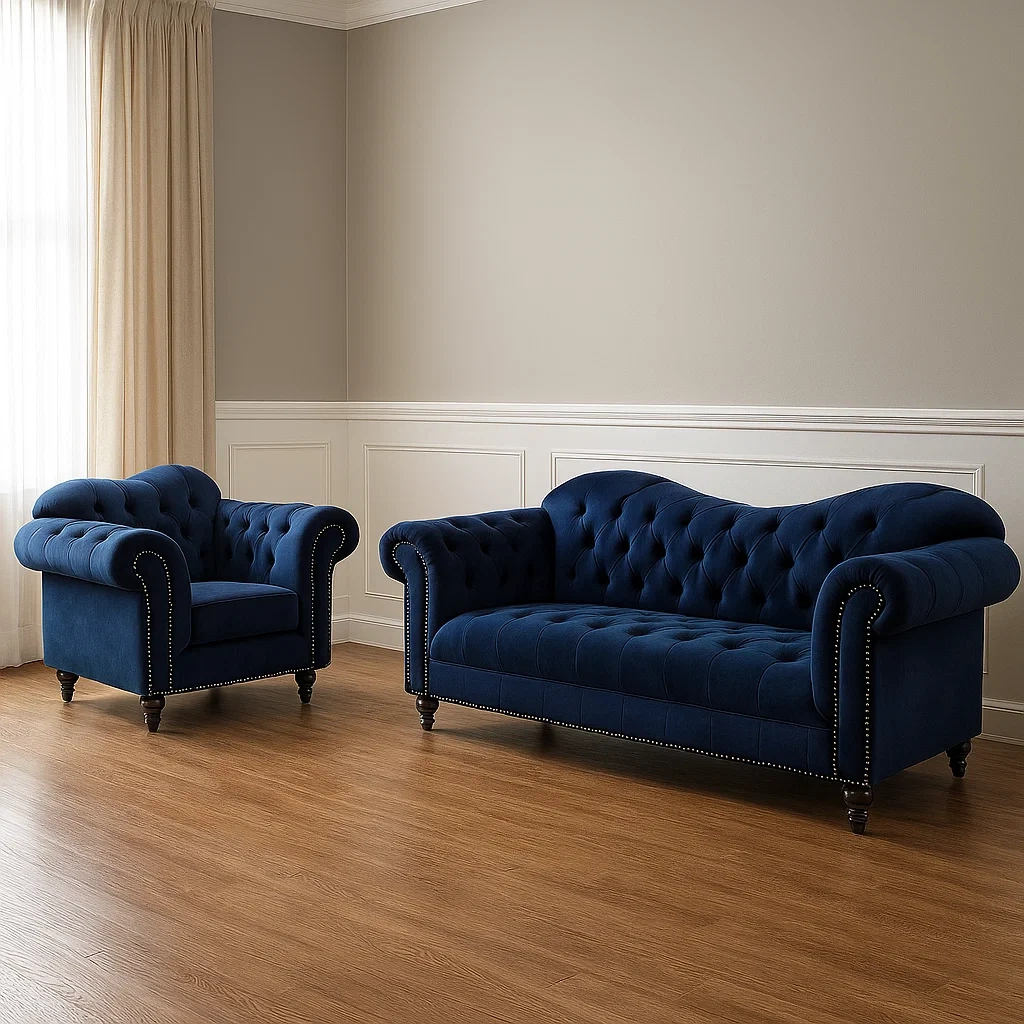 Conjunto de sofá para salón,contiene un sofá de tres plazas y un sillón individual,azul,terciopelo y espuma,para salón