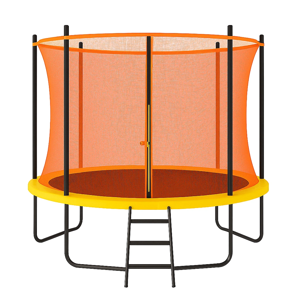 Trampolín redondo con red de seguridad y estructura metálica amarilla y naranja 3x3x2.8m