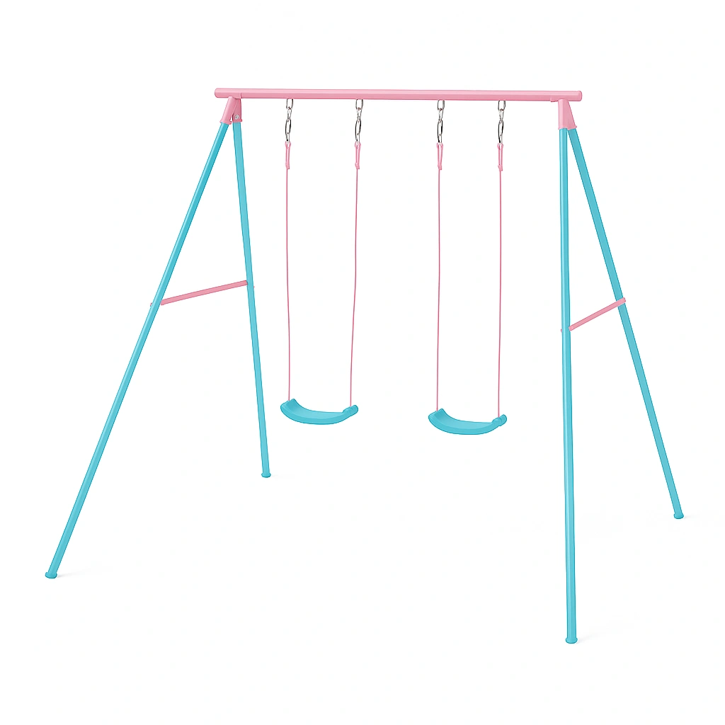 Columpio para niños con estructura metálica azul y rosa para jardín 200x120x220cm
