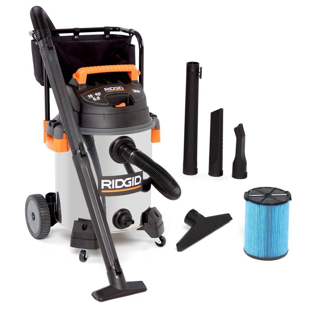 2025 Aspirador NXT Wet/Dry de 16 galones y 6.5 HP pico en acero inoxidable con filtro de polvo fino, manguera de bloqueo y accesorios WD1956