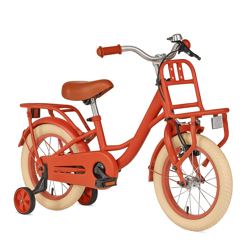 Bicicleta infantil naranja con ruedas de 12 pulgadas y diseño moderno