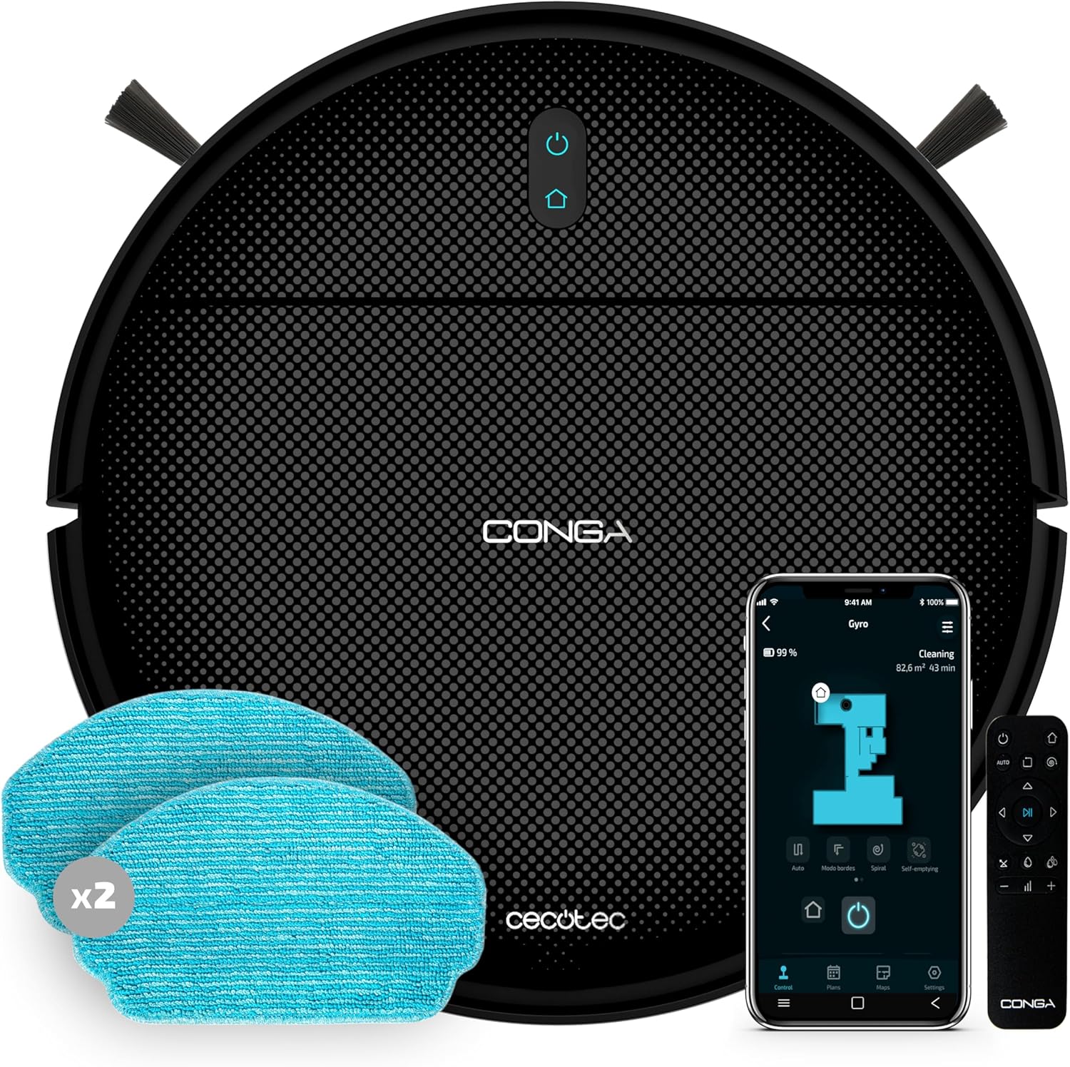 Aspirador Robot Cecotec con Navegación Giroscópica Conga 999 Map X-Treme. Motor de Succión 2000Pa, 2 Cepillos Laterales, 2 Fregonas, Autonomía 120 minutos, Control por App y Mando a Distancia