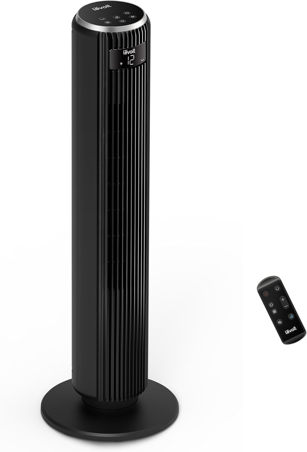 Ventilador de Torre LEVOIT 20dB con Control Remoto, 7.9 m/s con Motor DC, Ventilador Silencioso de 26W con Modo Sueño, 4 Modos y 12 Velocidades, Temporizador de 12H, Pantalla LED, Oscilación de 90°, Blanco