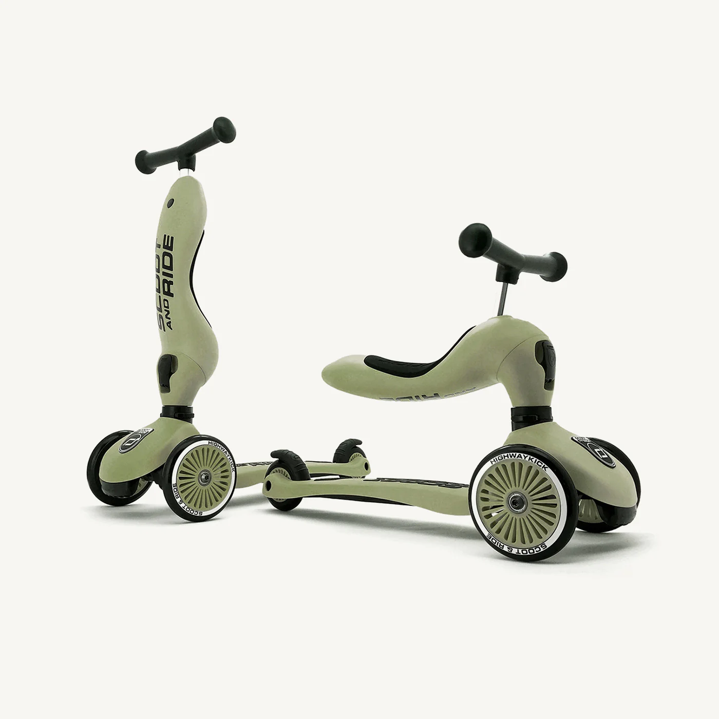 2025 Scoot and Ride Bicicleta sin pedales y Patinete 2 en 1 – Highwaykick 1 – Oliva