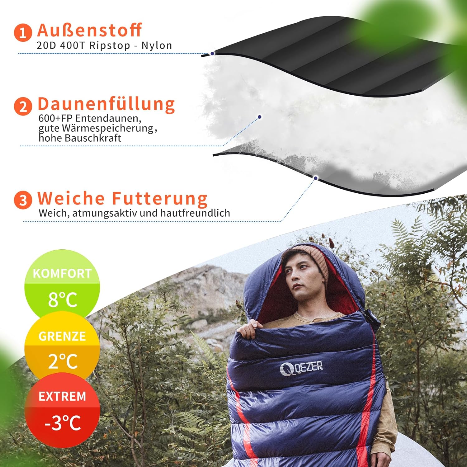 QEZER Saco de Dormir Plumón 220 cm x 80 cm 8 ~ -3 ℃ Saco de Dormir 4 Estaciones Ultraligero Adultos y Niños,Sleeping Bag para Camping y Senderismo