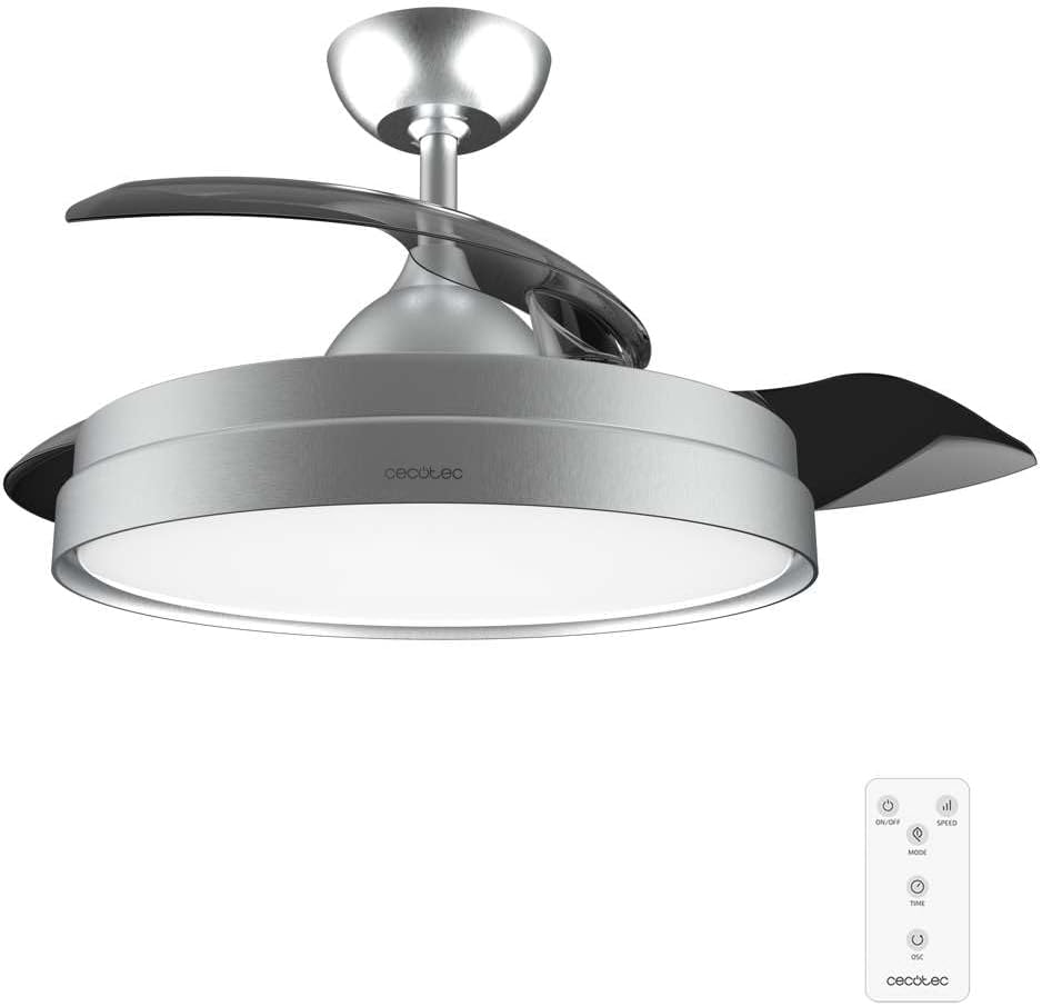 Ventilador de Techo Cecotec con Aspas Retráctiles y Lámpara Invisible EnergySilence Aero 4280 de Acero, 40 W, Diámetro 42 Pulgadas (106 cm), Temporizador, 3 Tonos de Luz, Función Verano-Invierno