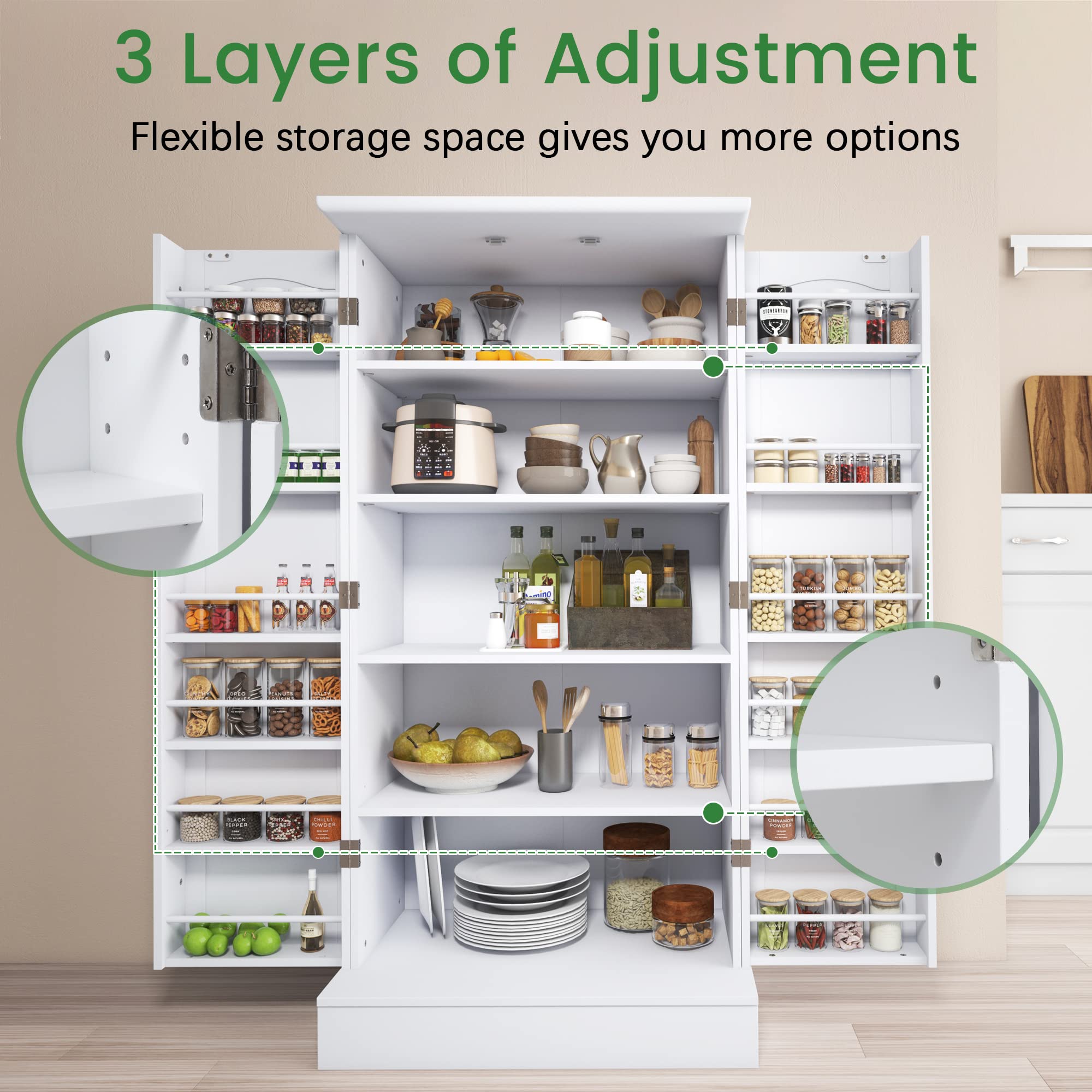 2025 Jehiatek 47” Kitchen Pantry Cabinet – White Freestanding Buffet Sideboard with Adjustable Shelves