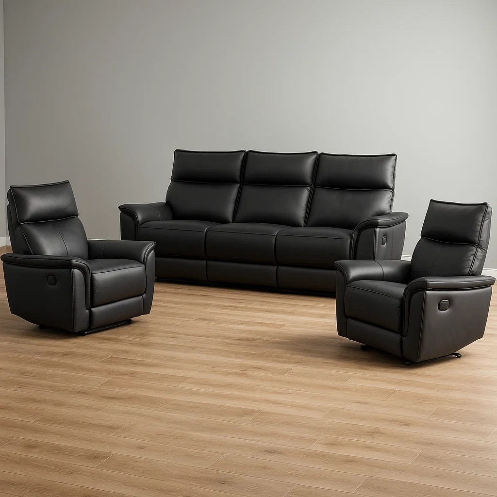 Conjunto de sofá para salón,contiene un sofá de tres plazas y dos sillones individuales,negro,cuero,adecuado para salón