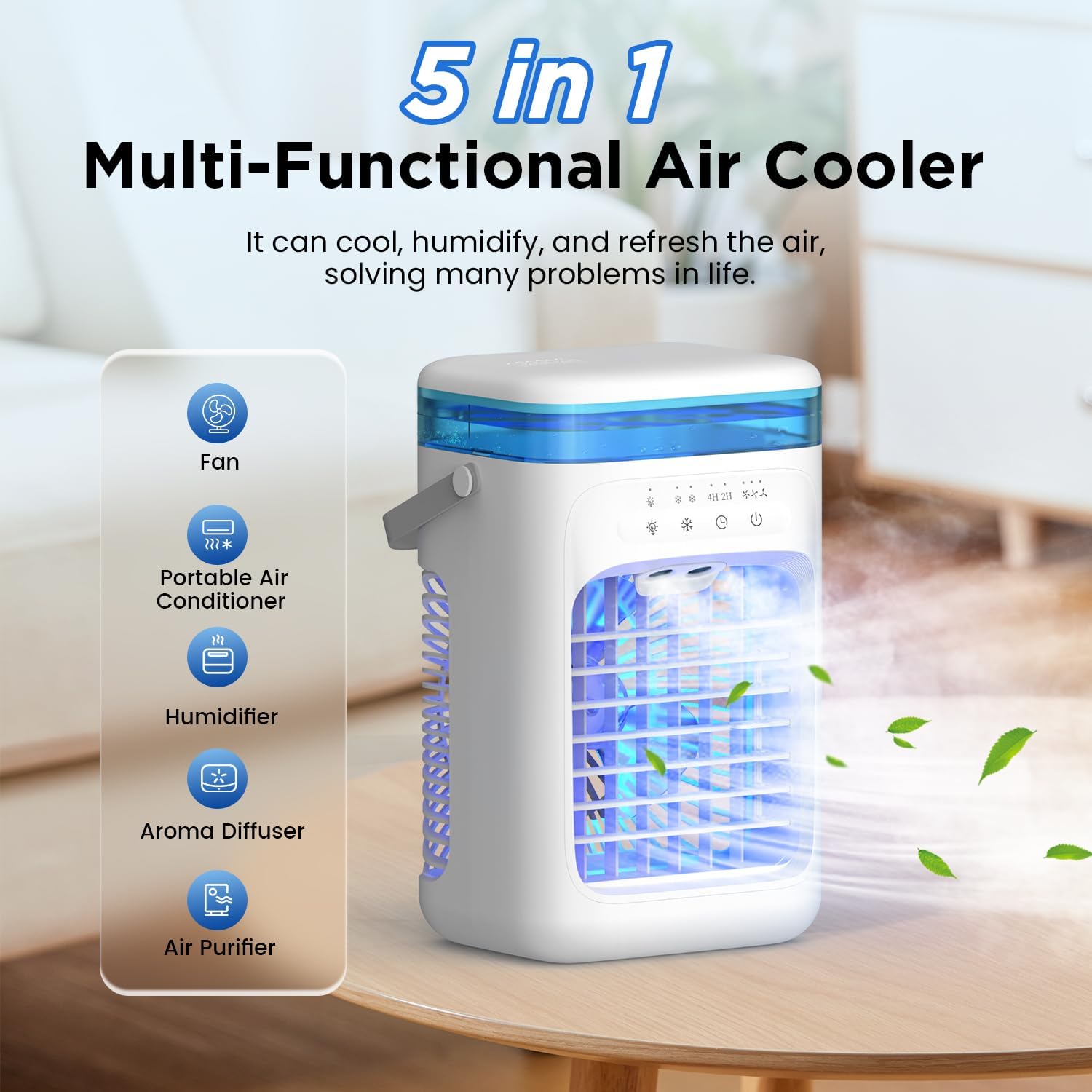 Aire Acondicionado Portátil Mini con Tanque de 1000 ml, Enfriador de Aire 5 en 1 Silencioso, 3 Velocidades / 2 Modos de Pulverización / Humidificación / 7 Luces LED / Temporizador 2-4H, Ventilador para Hogar y Oficina