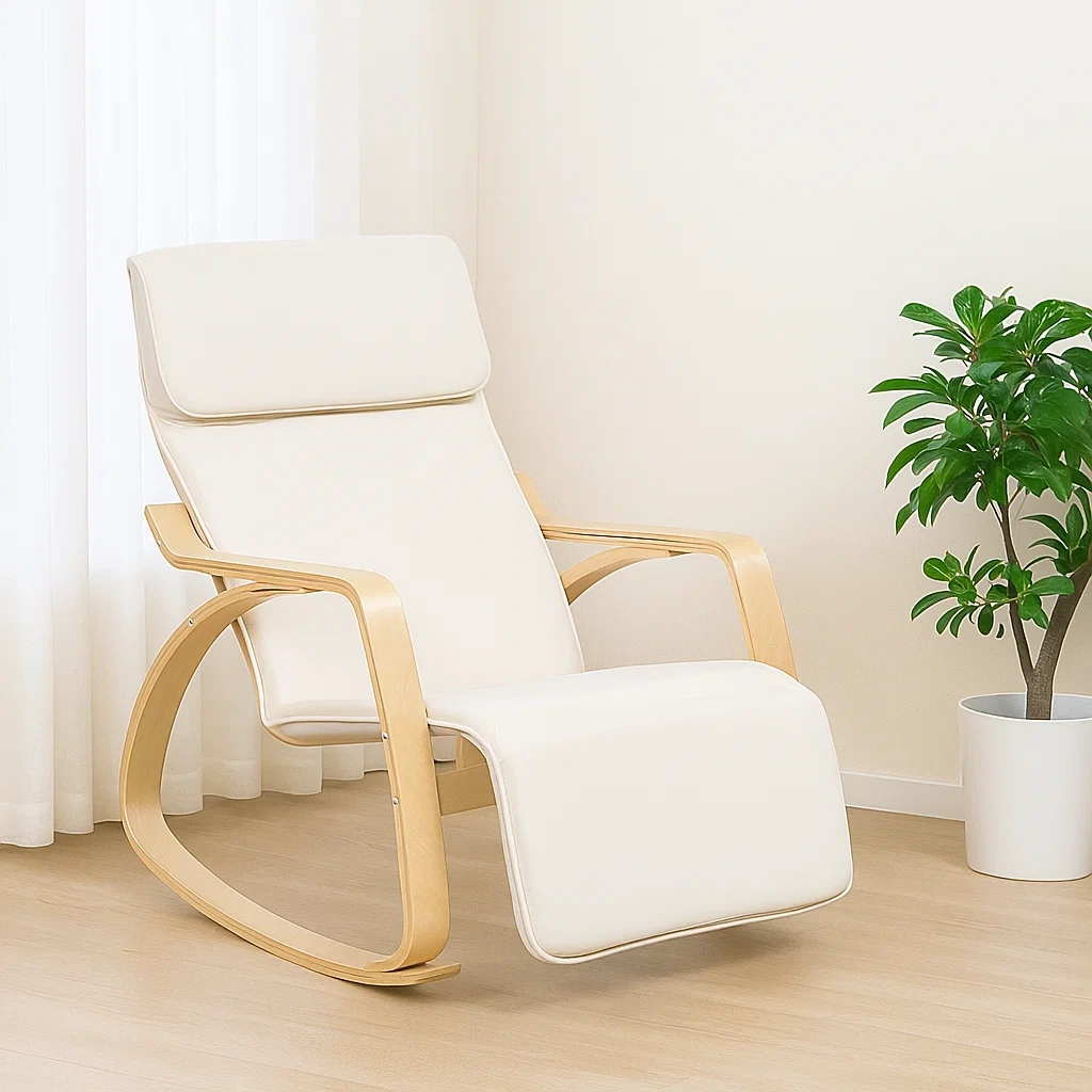 Sillón balancín tapizado beige en poliéster con estructura de madera para salón 82×68×96 cm - vXxsHthGjRtJ