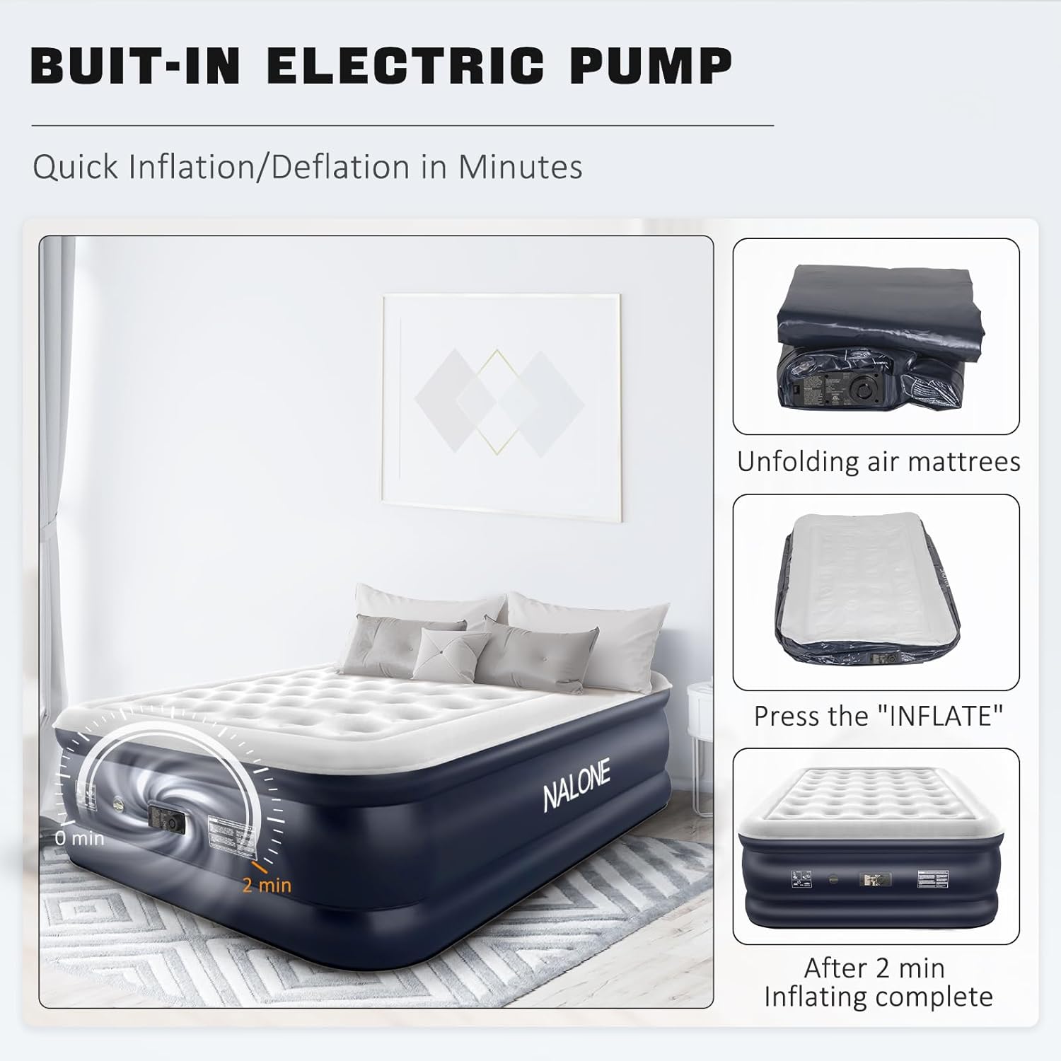 Colchón Inflable NALONE, Cama Inflable con Bomba Incorporada, Inflado en Solo 3 Minutos, para Invitados o Uso en Casa, 203 x 152 x 46 cm, Peso Máximo 310 kg, Cama Doble