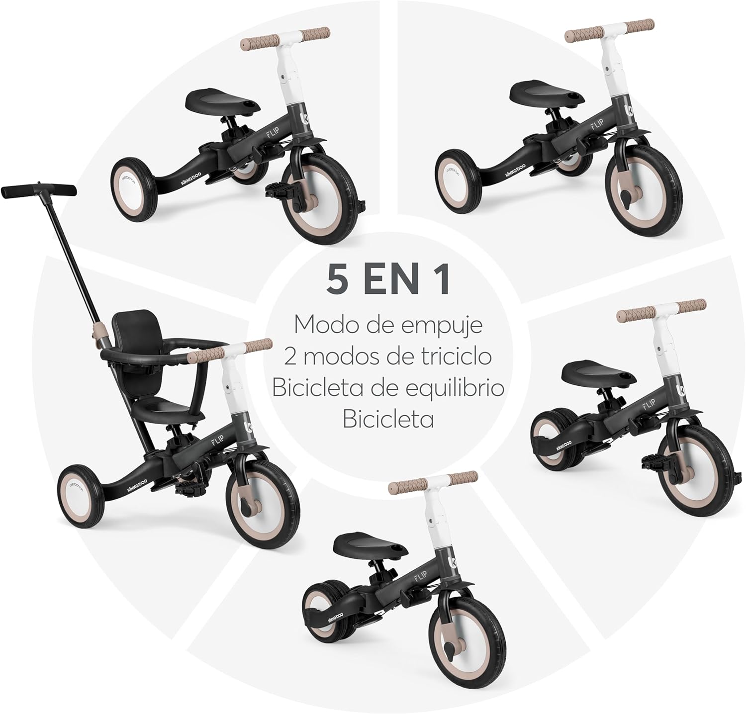 KikkaBoo FLIP, Triciclo Evolutivo 5 en 1 para Bebés, Bicicleta con o sin Pedales, Ajustable y Transformable, Beige, de 1 a 5 Años