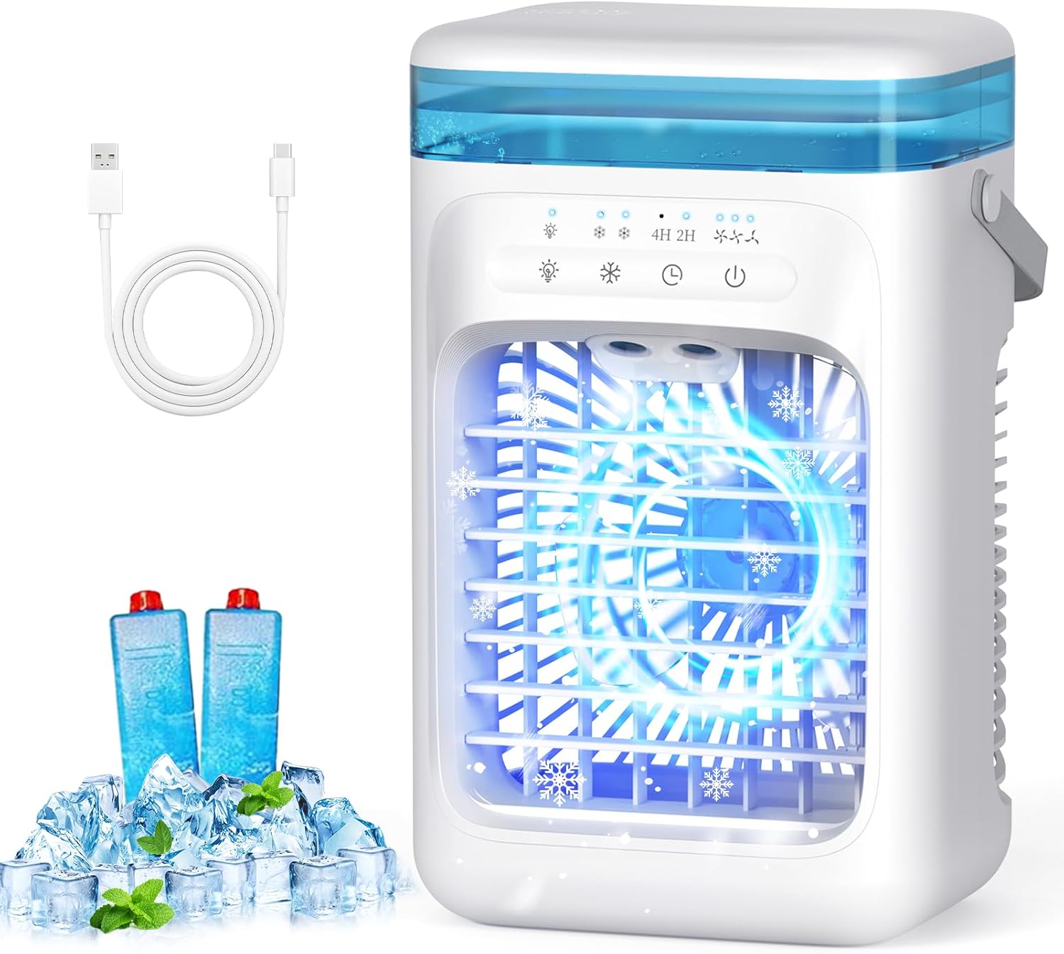 Aire Acondicionado Portátil Mini con Tanque de 1000 ml, Enfriador de Aire 5 en 1 Silencioso, 3 Velocidades / 2 Modos de Pulverización / Humidificación / 7 Luces LED / Temporizador 2-4H, Ventilador para Hogar y Oficina