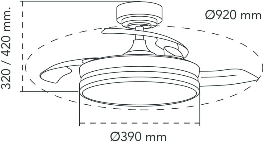 wonderlamp – Ventilador de Techo con Luz LED Pearl Mini, Aspas Retráctiles, Motor DC Muy Silencioso, 3 Temperaturas de Color Regulables, 46W, Blanco