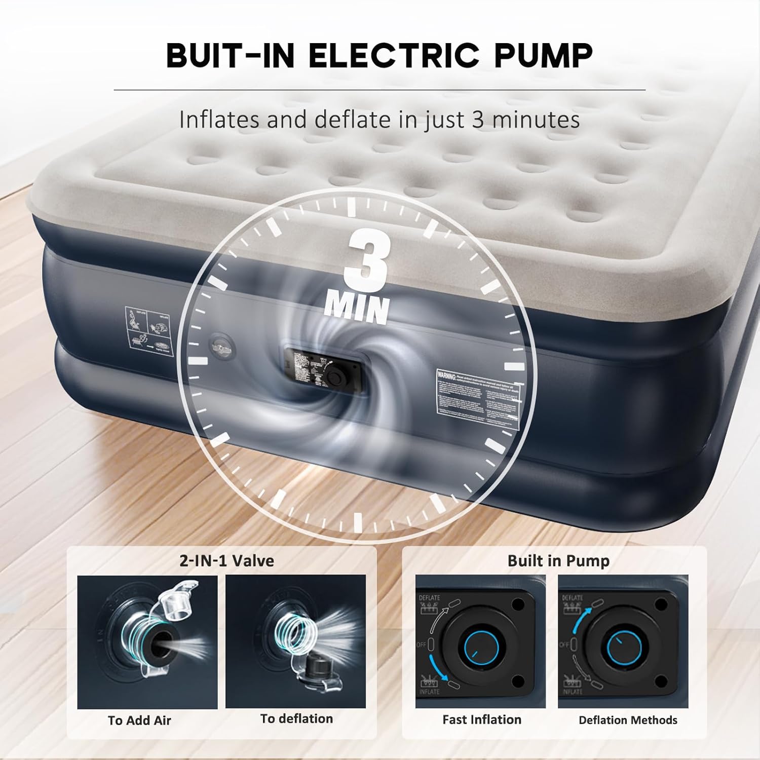 Colchón Inflable NALONE, Cama Inflable con Bomba Incorporada, Inflado en Solo 3 Minutos, para Invitados o Uso en Casa, 203 x 152 x 46 cm, Peso Máximo 310 kg, Cama Doble