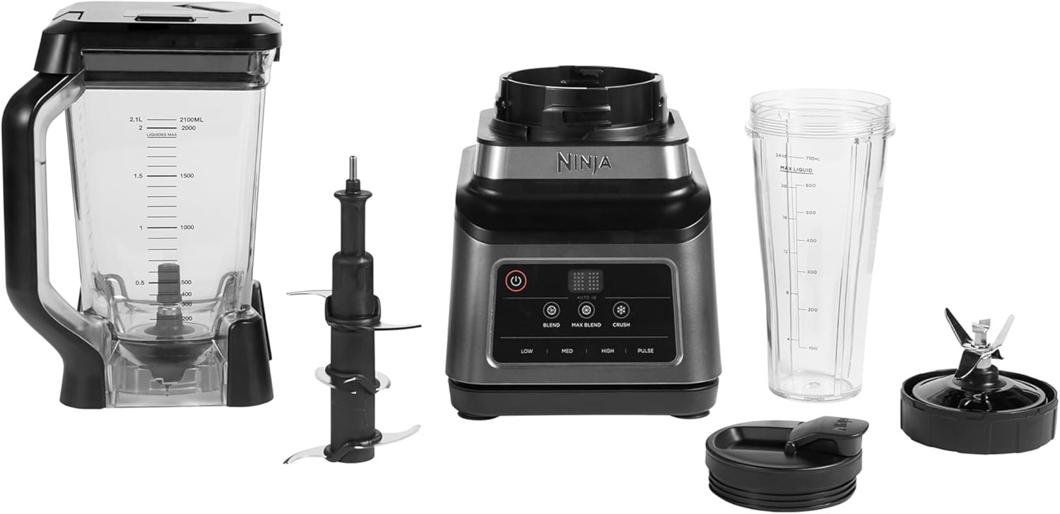 Ninja BN750EU Licuadora 2-en-1 – 1200 W, 3 Programas Automáticos, 4 Configuraciones Manuales, Tecnología Auto-iQ, Jarra de 2.1 L y Vaso de 700 ml, Piezas Aptas para Lavavajillas – Negro/Plata