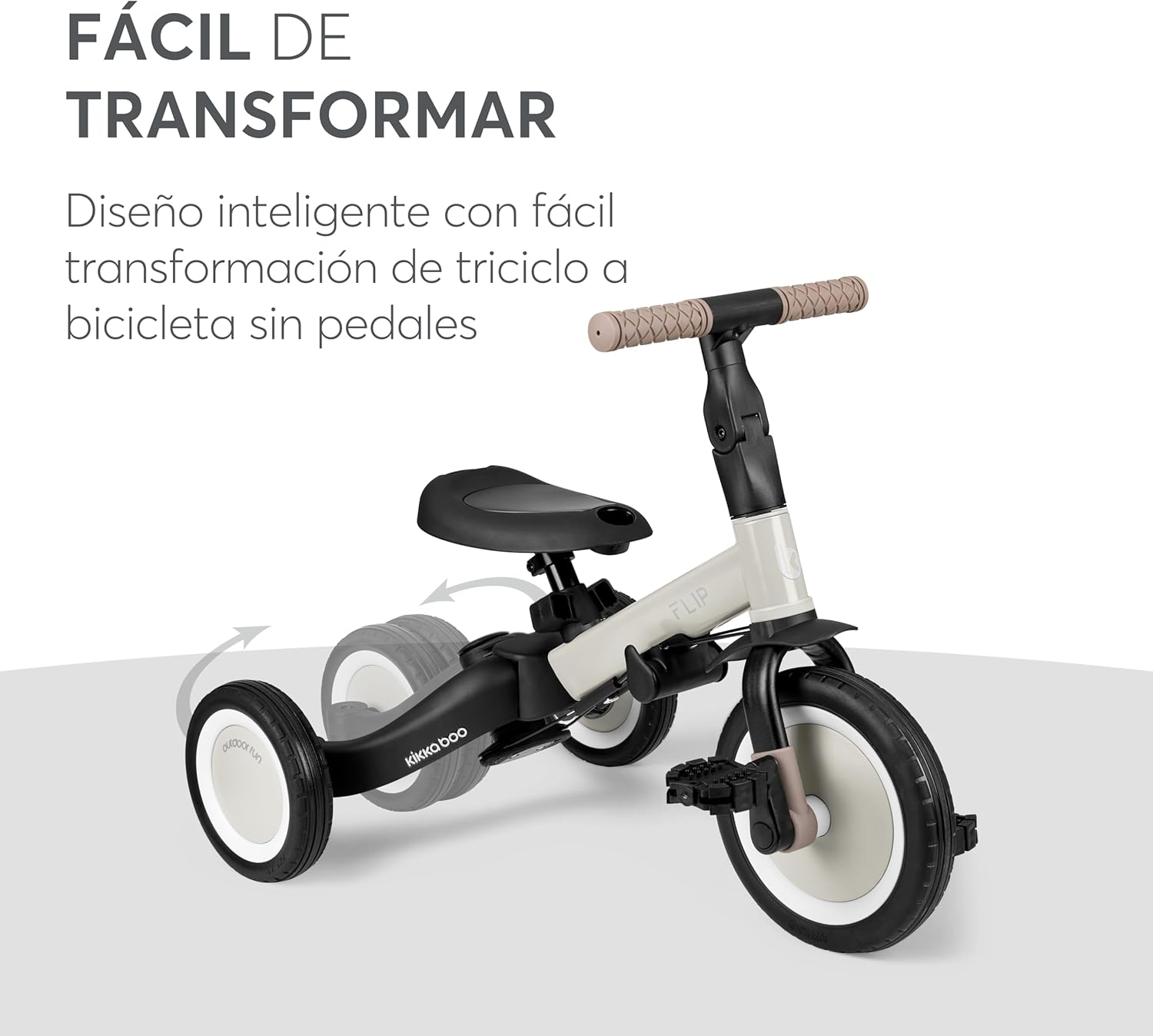KikkaBoo FLIP, Triciclo Evolutivo 5 en 1 para Bebés, Bicicleta con o sin Pedales, Ajustable y Transformable, Beige, de 1 a 5 Años