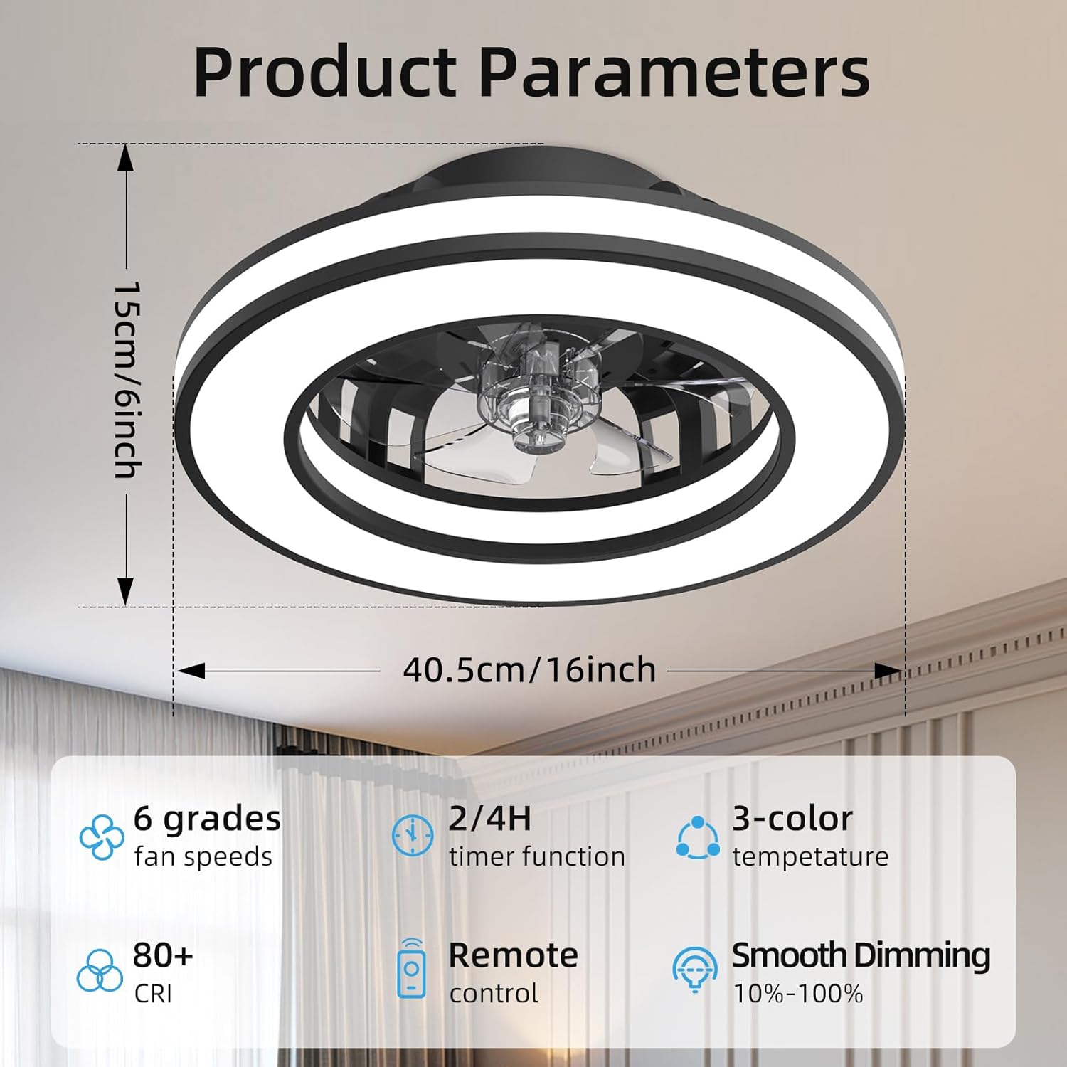 Ventilador de Techo con Luz 40.5 cm, Ventilador Silencioso de 20 W, Regulable 3000K-4000K-6500K, 6 Velocidades con Control Remoto, Temporizador, Memoria de Luz, Ventilador Reversible