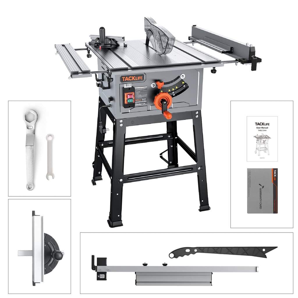 2025 Sierra de mesa TACKLIFE de 10 pulgadas, motor de 15 amperios, hoja de 24 dientes, 4800 RPM, corte en bisel de 45°, modelo MTS01A