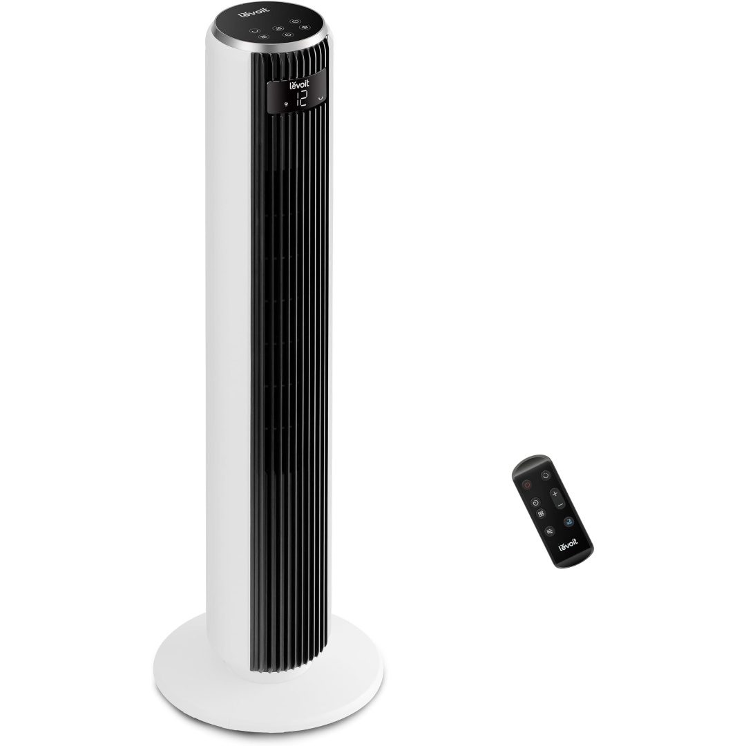 Ventilador de Torre LEVOIT 20dB con Control Remoto, 7.9 m/s con Motor DC, Ventilador Silencioso de 26W con Modo Sueño, 4 Modos y 12 Velocidades, Temporizador de 12H, Pantalla LED, Oscilación de 90°, Blanco