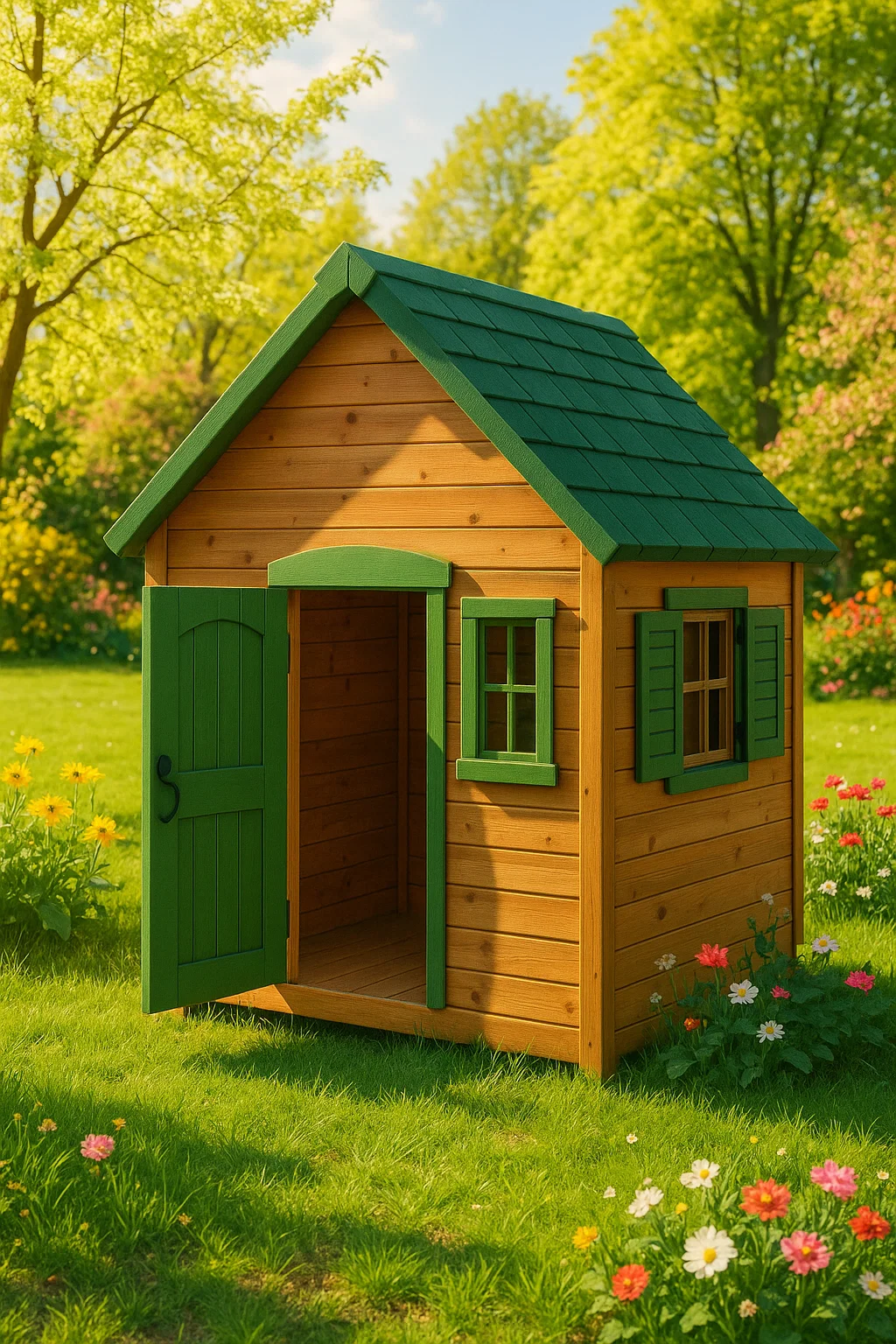 Casita infantil madera natural tejado verde exterior jardín 120×95×135 cm imcuQTA153He