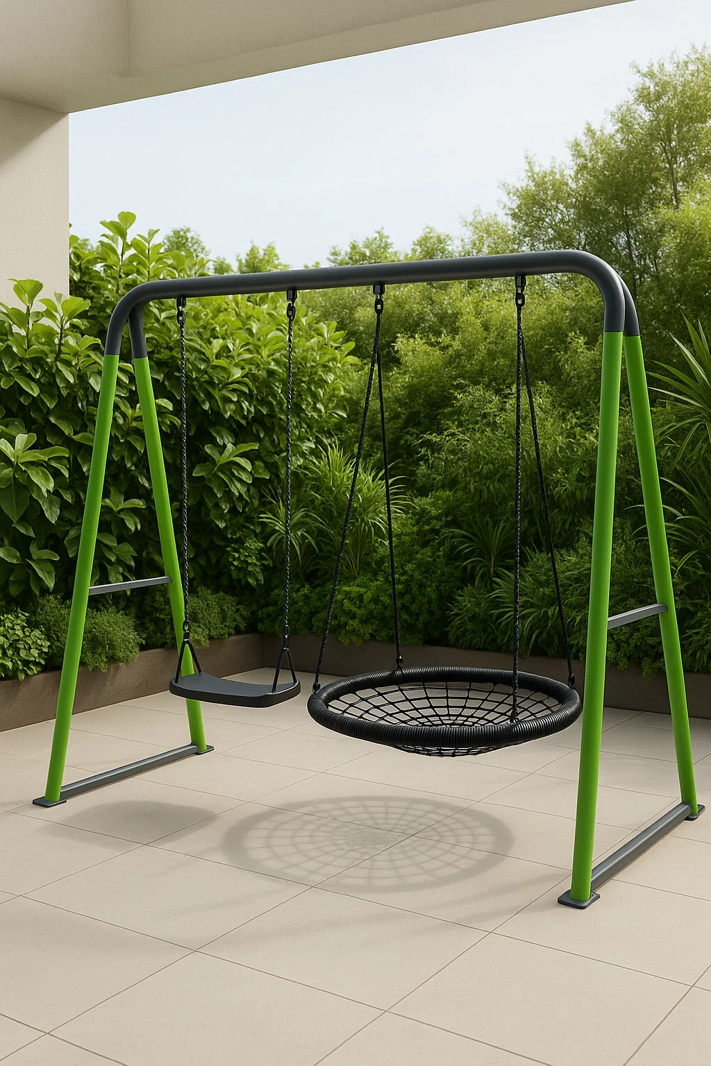 Juguetes columpio doble negro y verde metal exterior 215×160×185 cm DXSWtiIS84YH