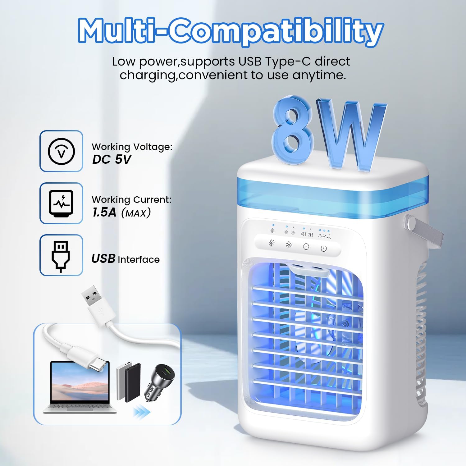 Aire Acondicionado Portátil Mini con Tanque de 1000 ml, Enfriador de Aire 5 en 1 Silencioso, 3 Velocidades / 2 Modos de Pulverización / Humidificación / 7 Luces LED / Temporizador 2-4H, Ventilador para Hogar y Oficina