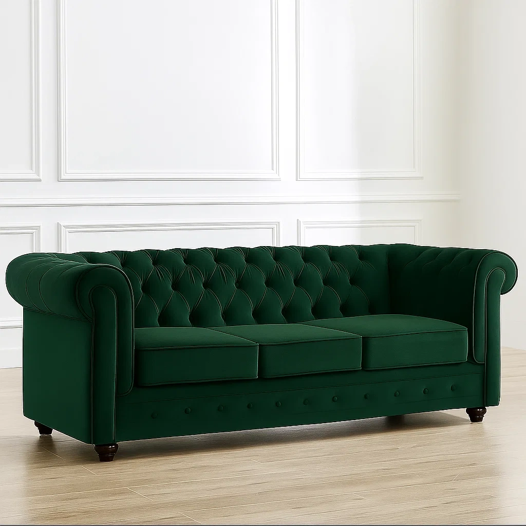 Sofá - 3 plazas capitoné verde terciopelo salón 205×88×72 cm - icIrN7D63UFO