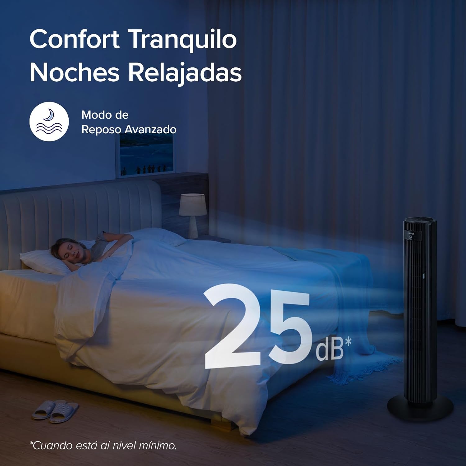 Ventilador de Torre LEVOIT 20dB con Control Remoto, 7.9 m/s con Motor DC, Ventilador Silencioso de 26W con Modo Sueño, 4 Modos y 12 Velocidades, Temporizador de 12H, Pantalla LED, Oscilación de 90°, Blanco